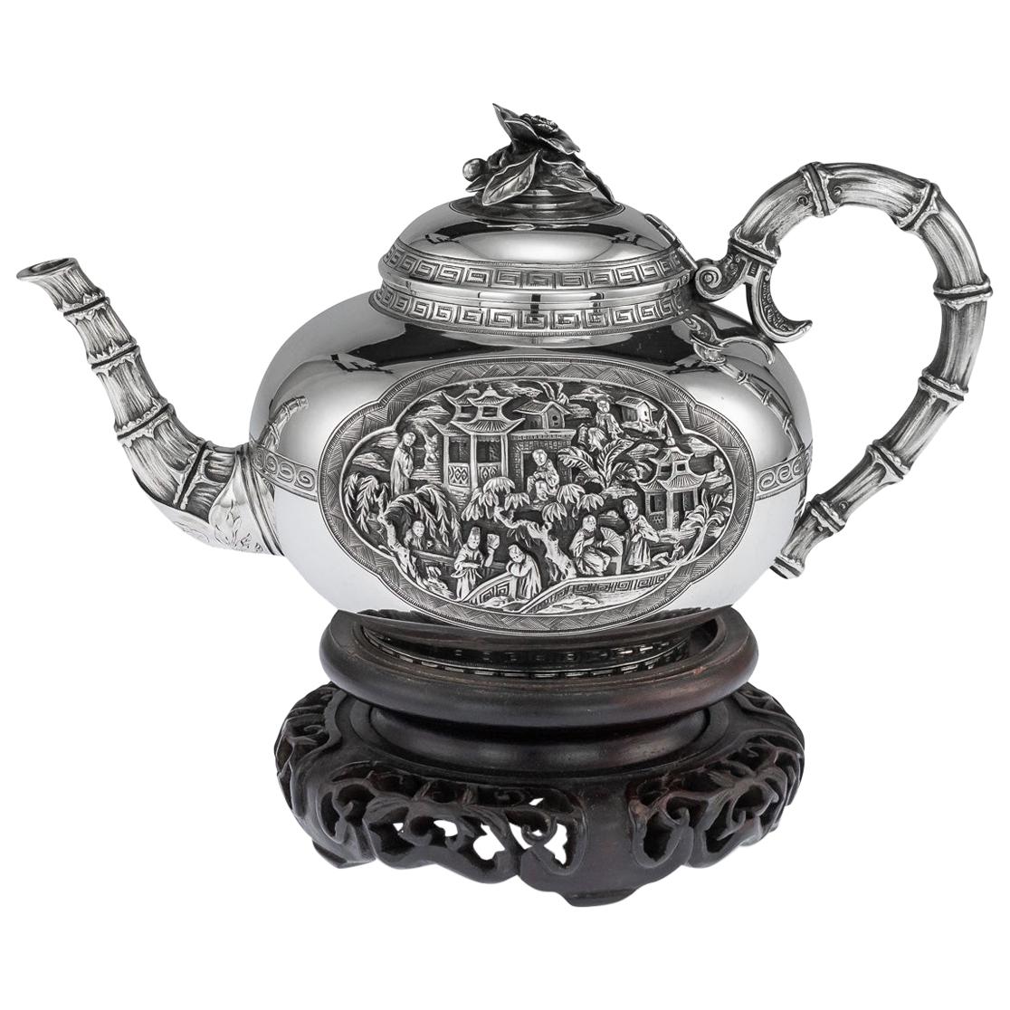 19th Century Chinese Export Exceptional Solid Silver Teapot, circa 1870