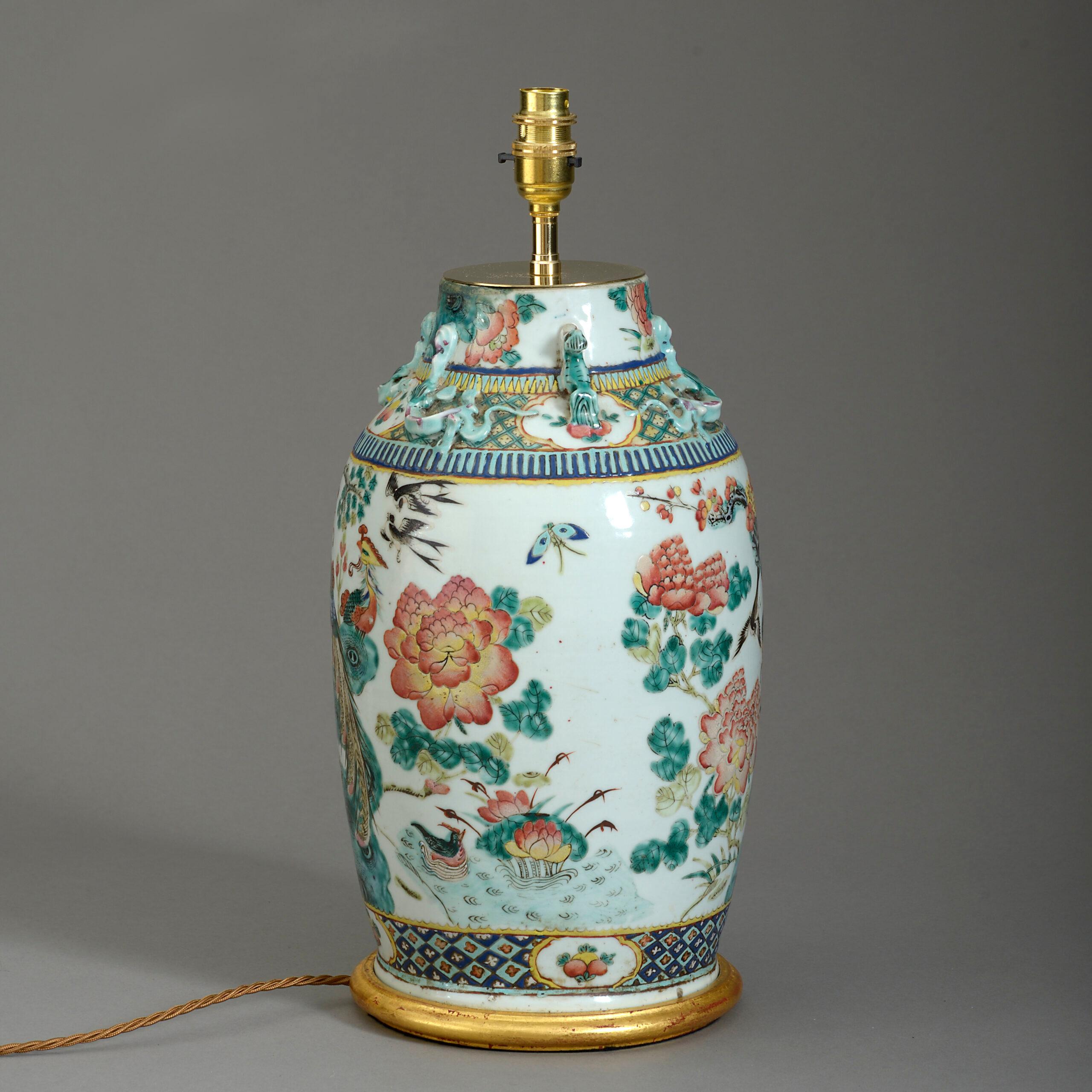 19th Century Chinese Export Famille Verte Porcelain Vase Lamp In Good Condition In London, GB
