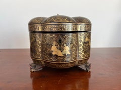 19th Century, Chinese Export Gilt Black Lacquer Melon Form Tea Caddy Box