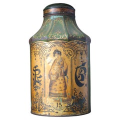 19th Century Chinese Export Green Painted & Gilt Tôle Tea Canister Chinoiserie