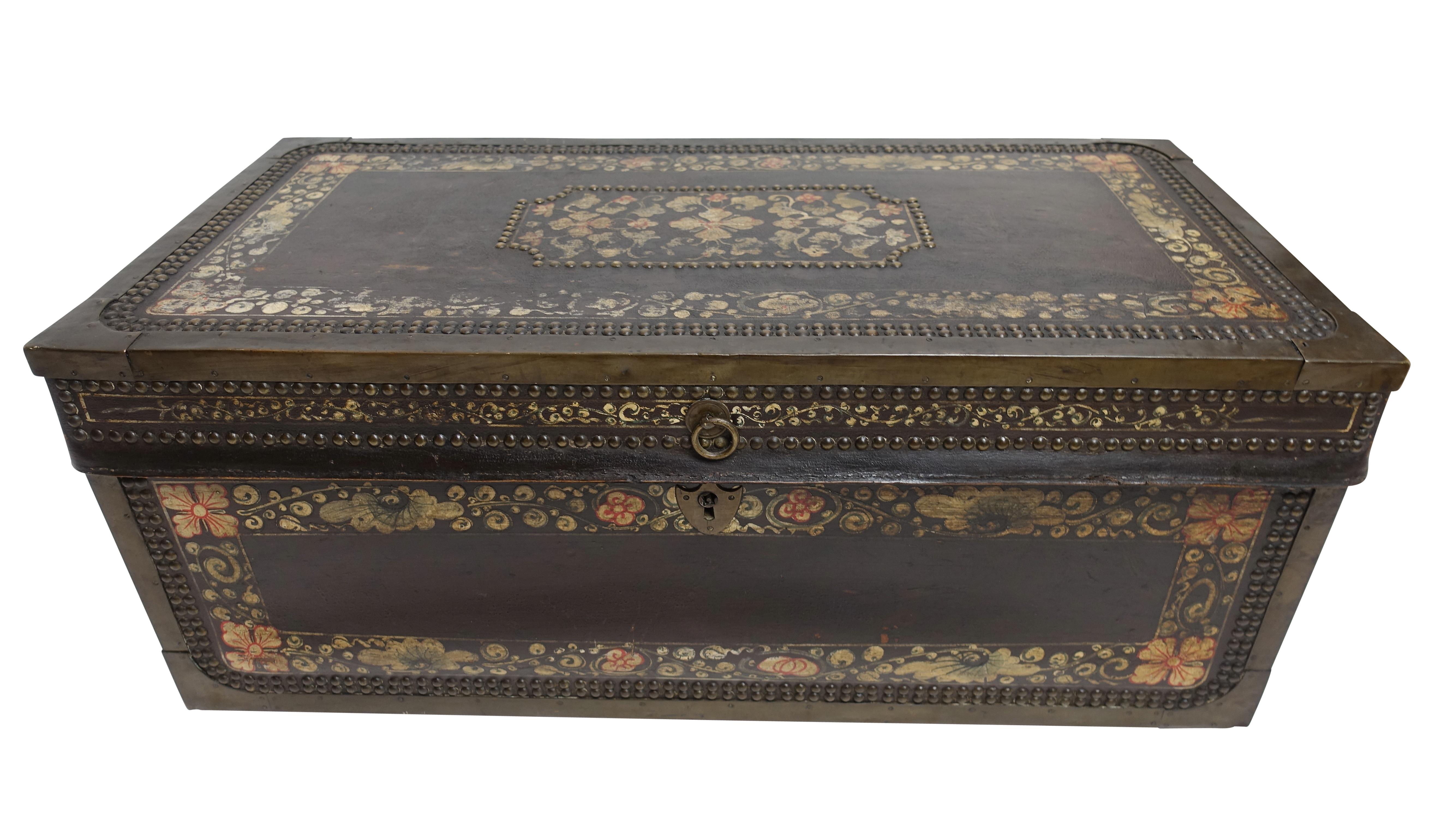 19th Century Chinese Export Hand-Painted Leather Trunk 7