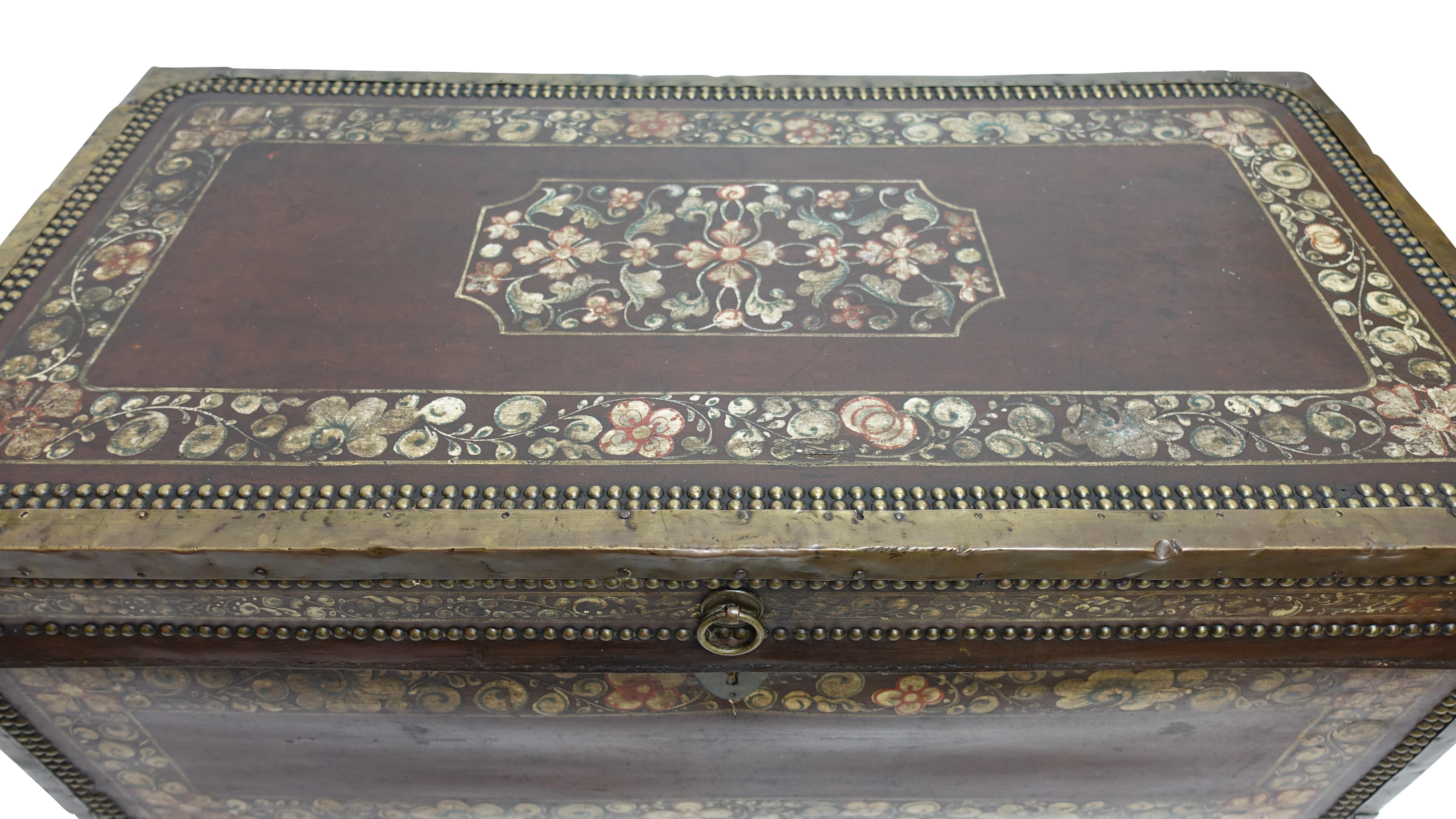 Hand-painted pigskin leather covered camphor wood trunk with metal nailhead and trim detail. China, mid to late 19th century.