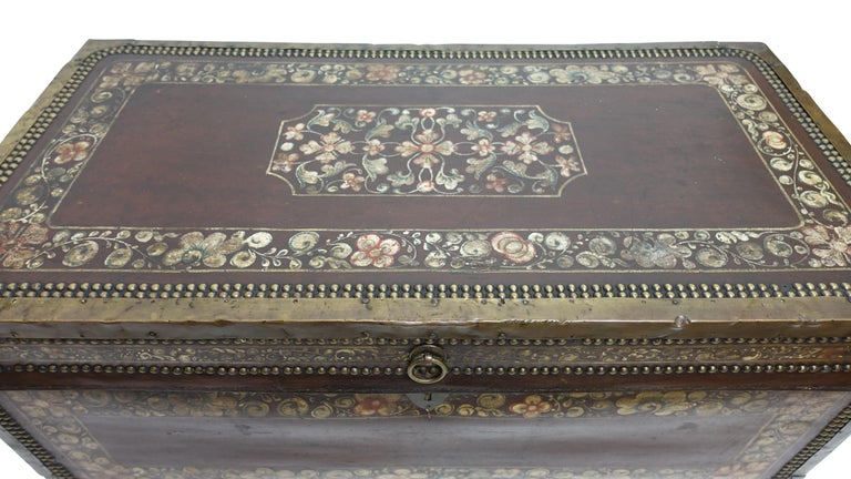 Hand-painted pigskin leather covered camphor wood trunk with metal nailhead and trim detail. China, mid to late 19th century.