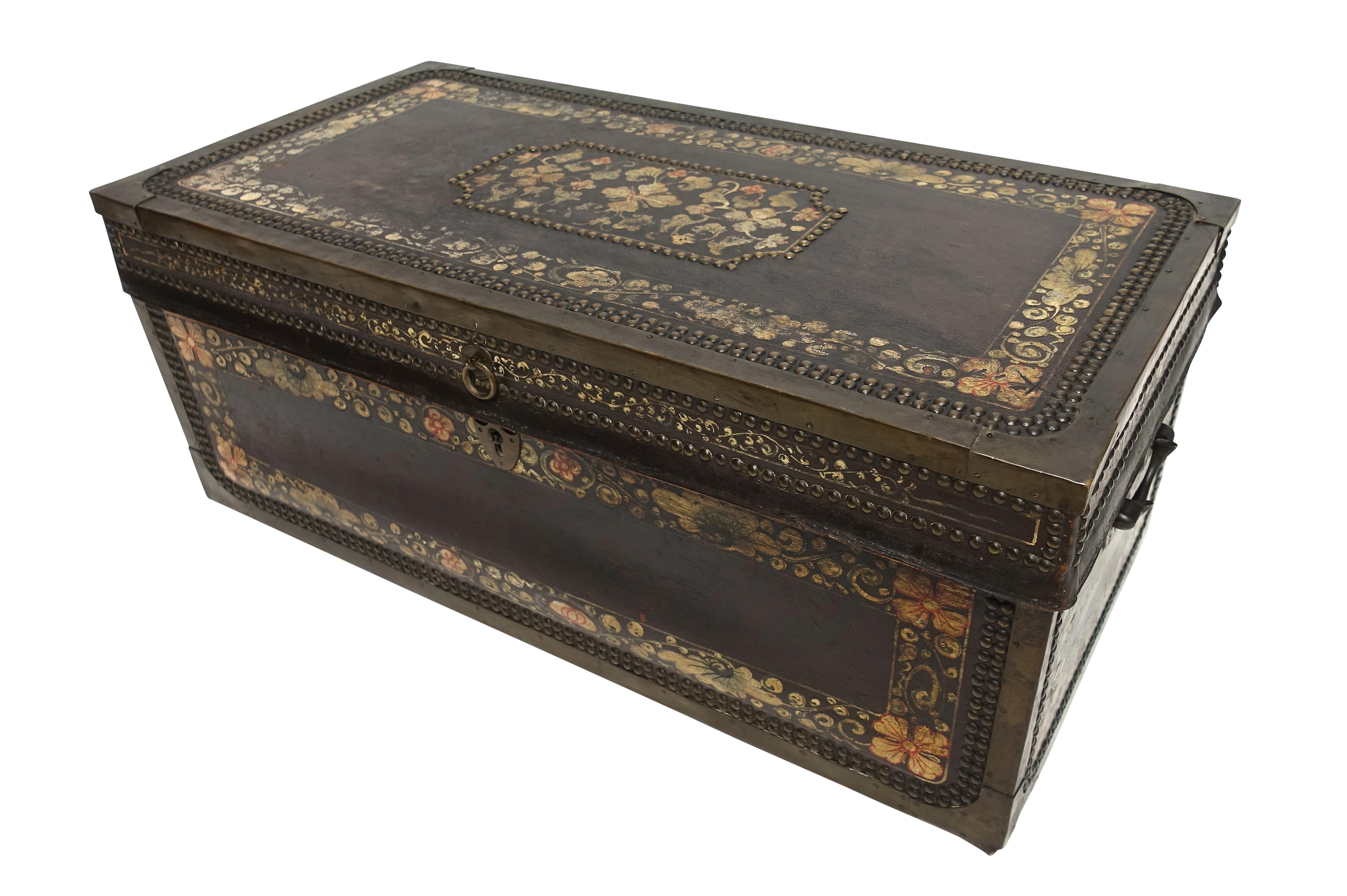 Hand-painted pigskin covered camphor wood trunk with metal nailhead and trim detail, China, mid-late 19th century.