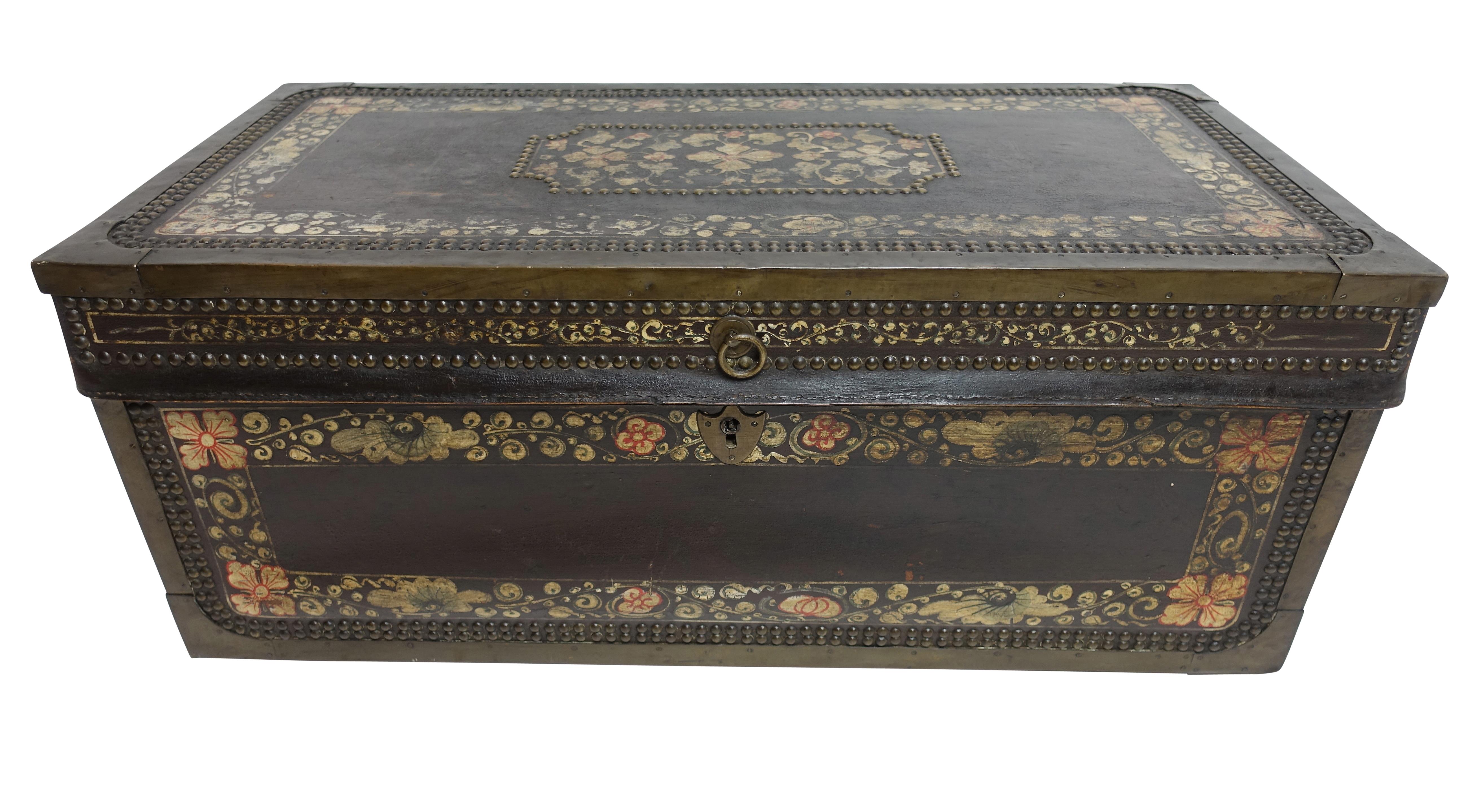 19th Century Chinese Export Hand-Painted Leather Trunk In Excellent Condition In San Francisco, CA