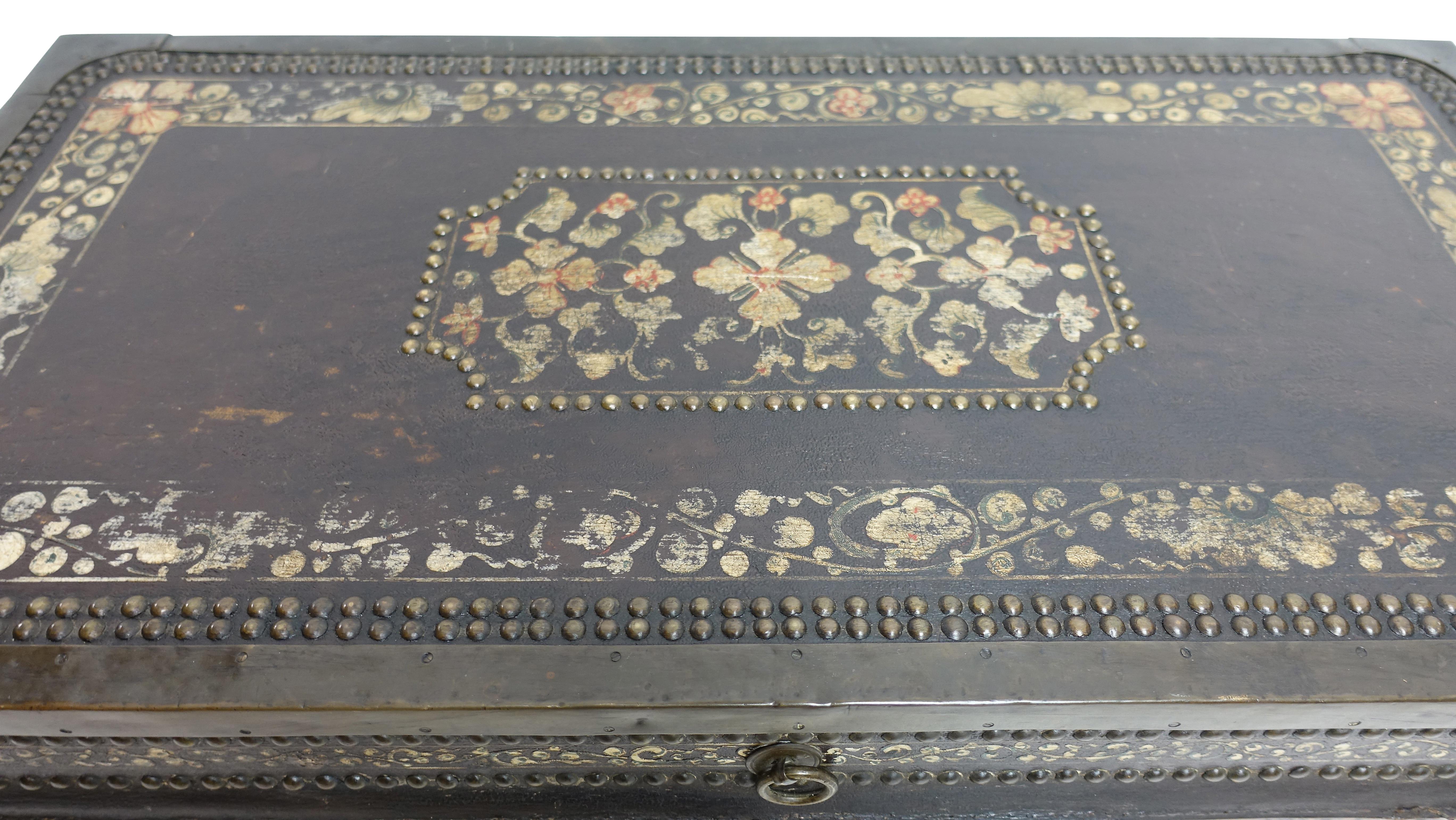 19th Century Chinese Export Hand-Painted Leather Trunk 3