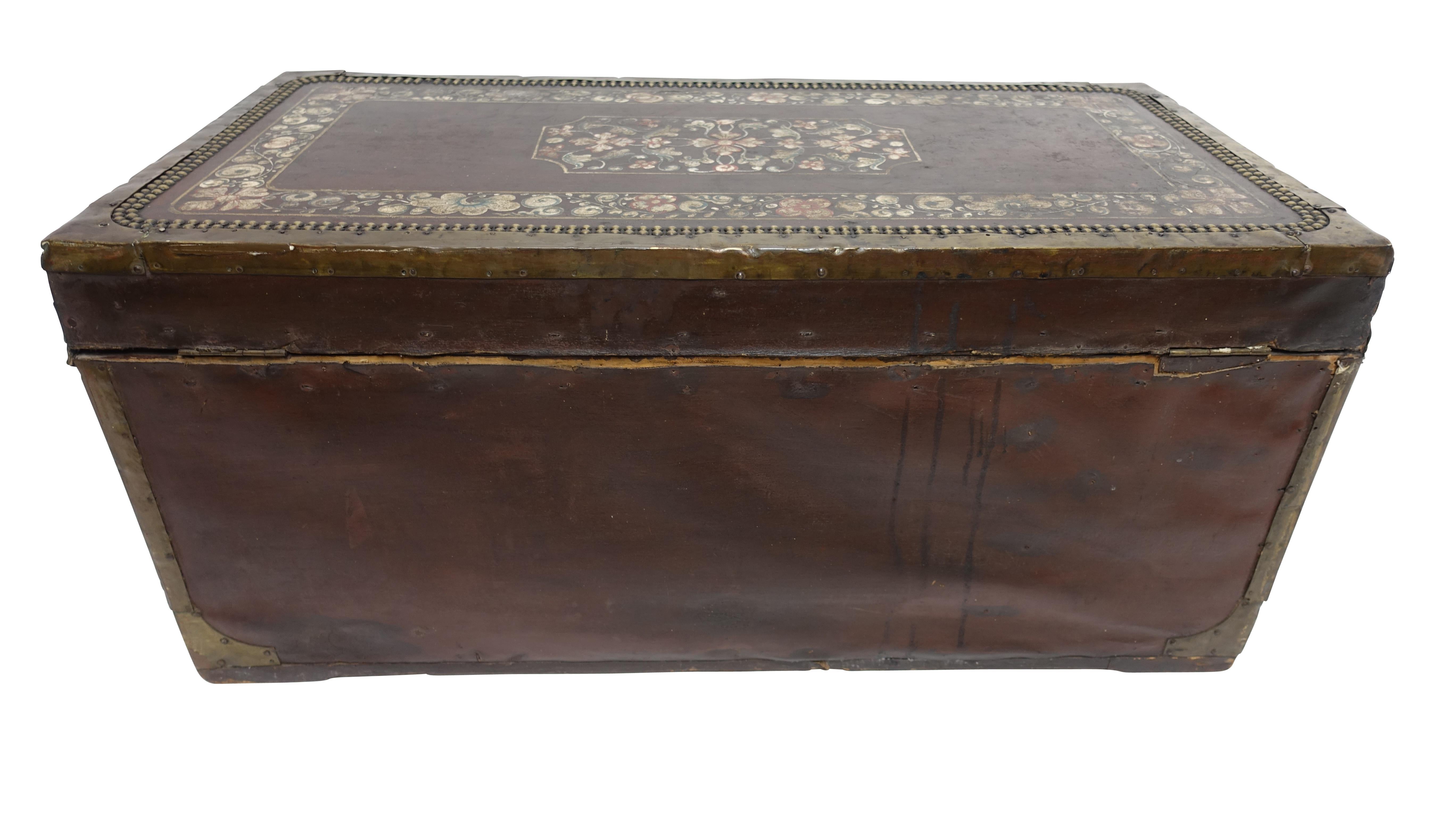 19th Century Chinese Export Hand-Painted Leather Trunk 4