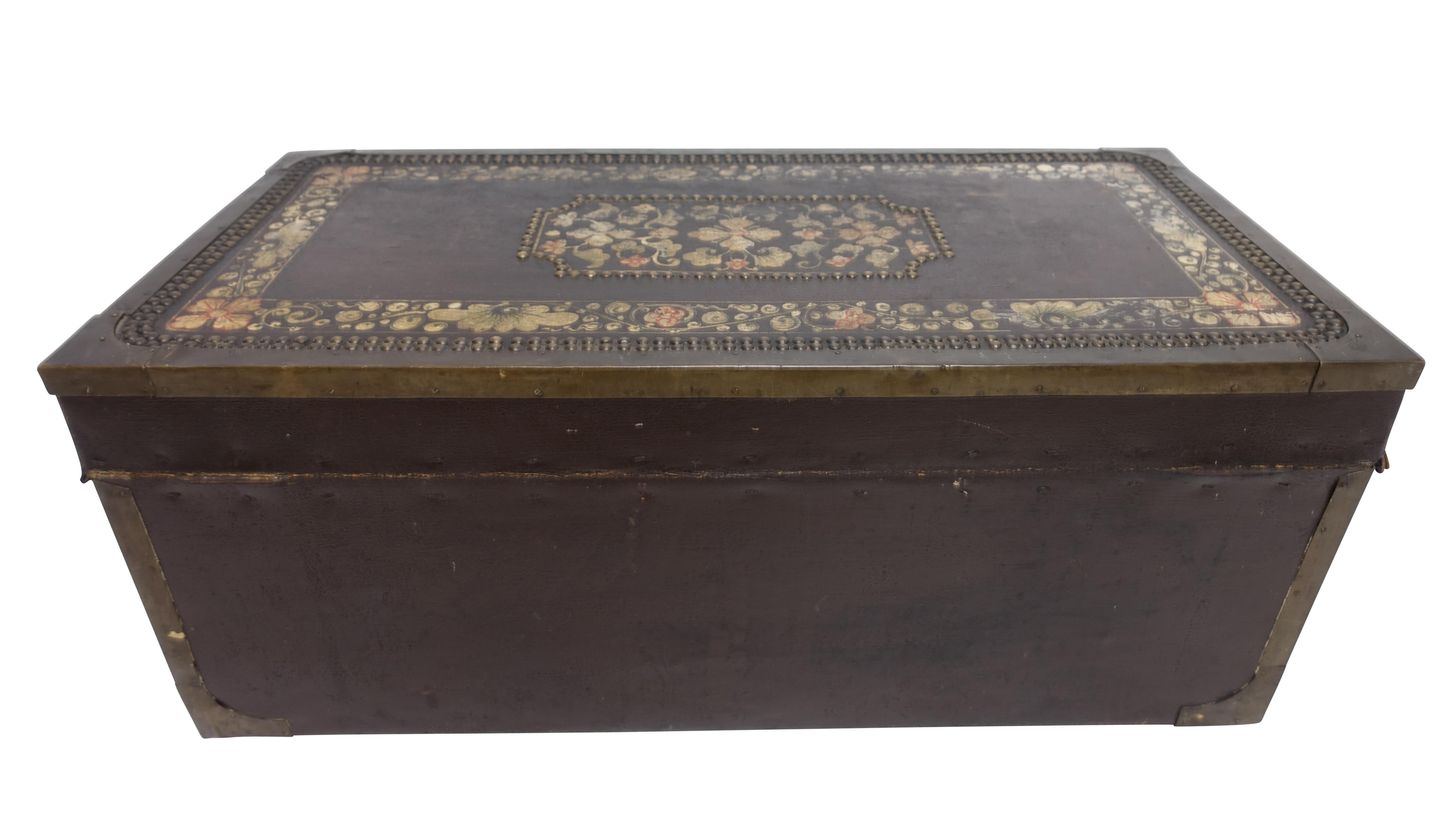 19th Century Chinese Export Hand-Painted Leather Trunk 6