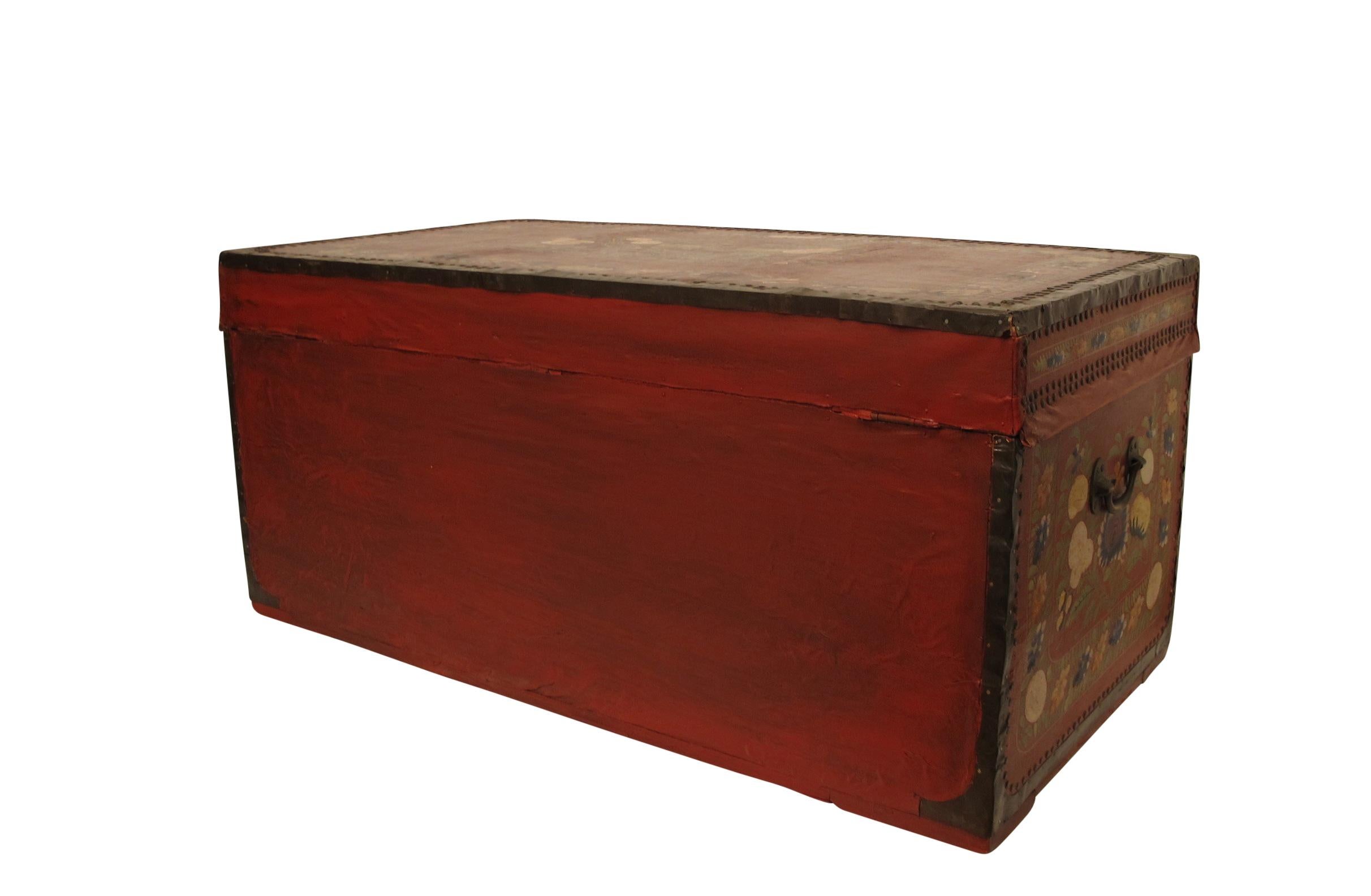 19th Century Chinese Export Hand-Painted Red Leather Trunk 1