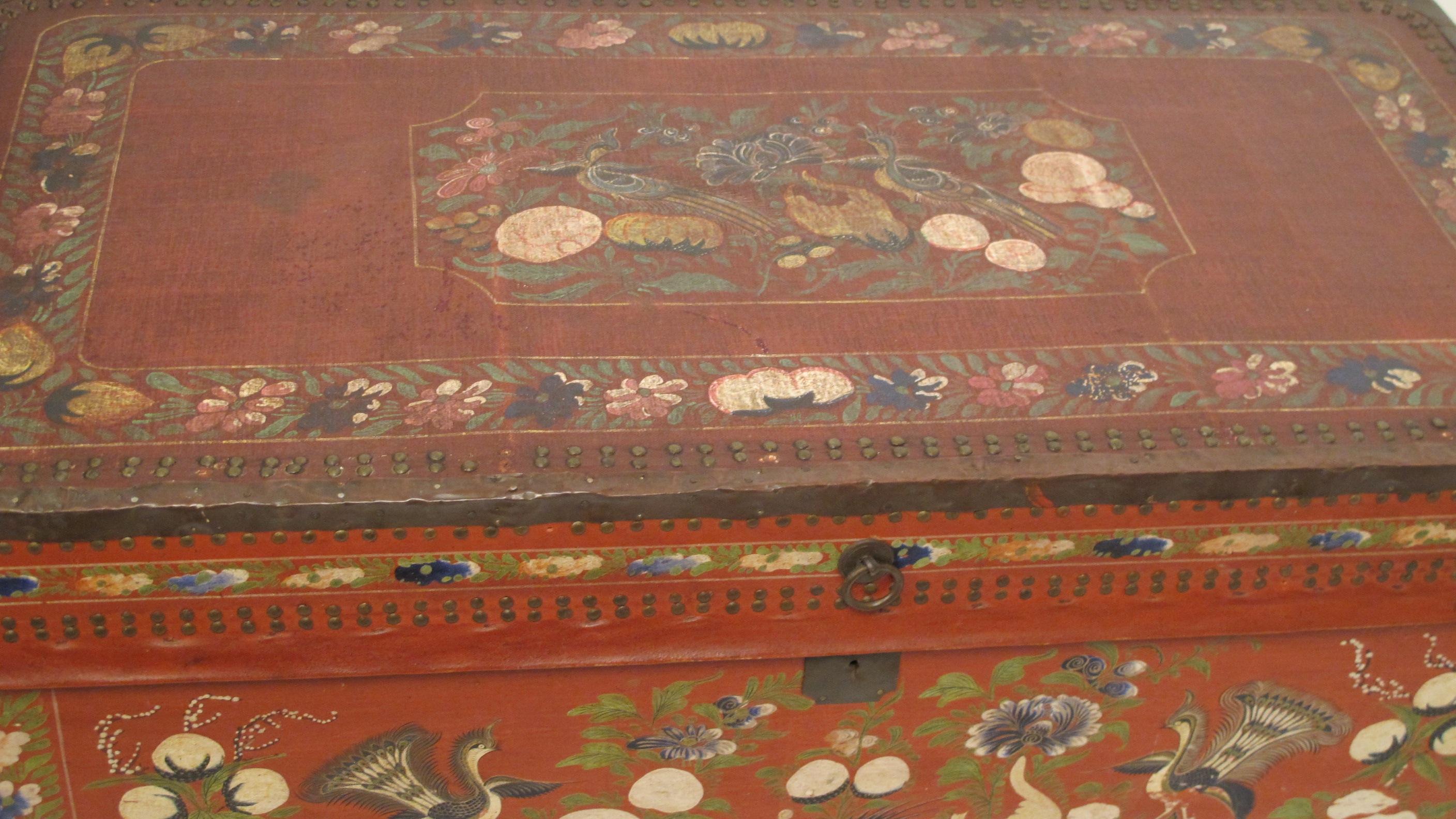 19th Century Chinese Export Hand-Painted Red Leather Trunk 2