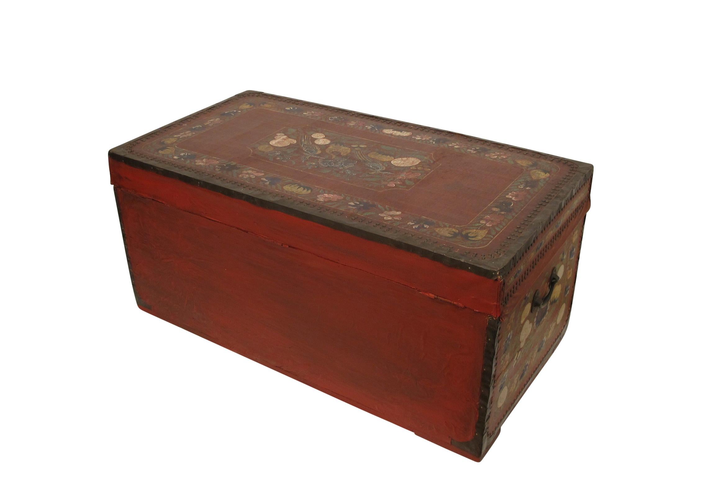 19th Century Chinese Export Hand-Painted Red Leather Trunk 3