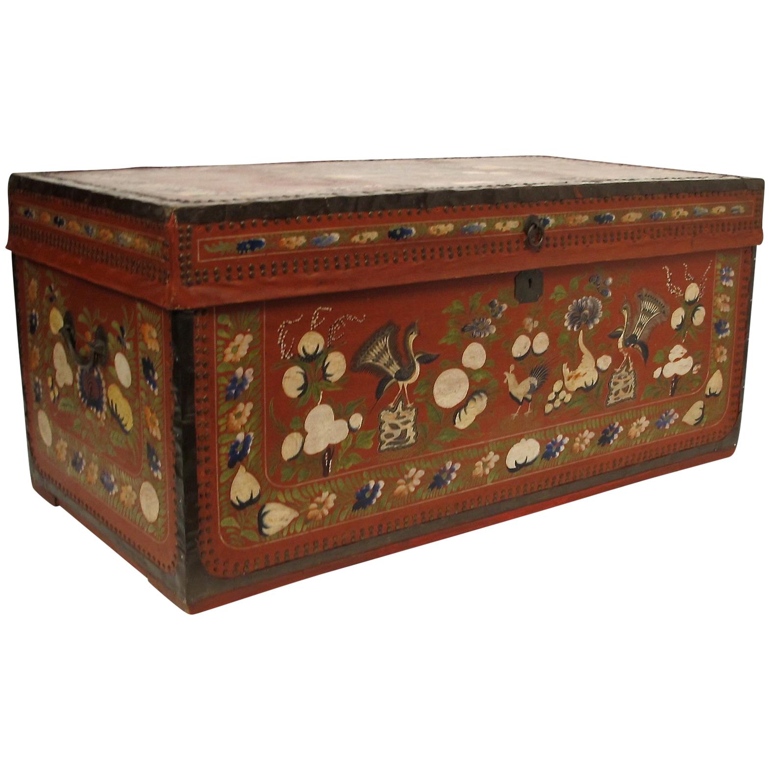 19th Century Chinese Export Hand-Painted Red Leather Trunk