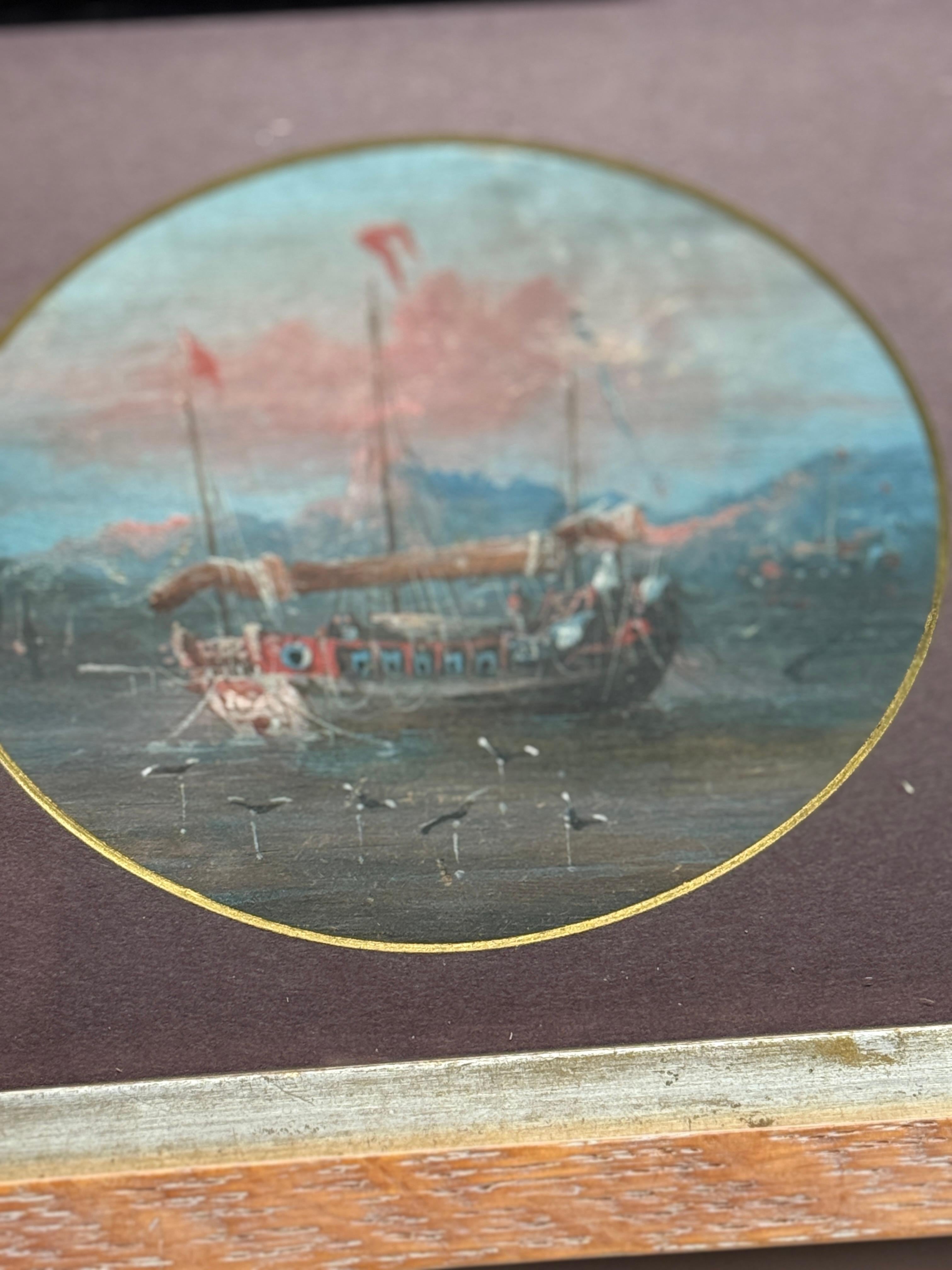 19. Jahrhundert, Chinesisches Export Junk Ship Maritime Gemälde (Vergoldetes Holz) im Angebot
