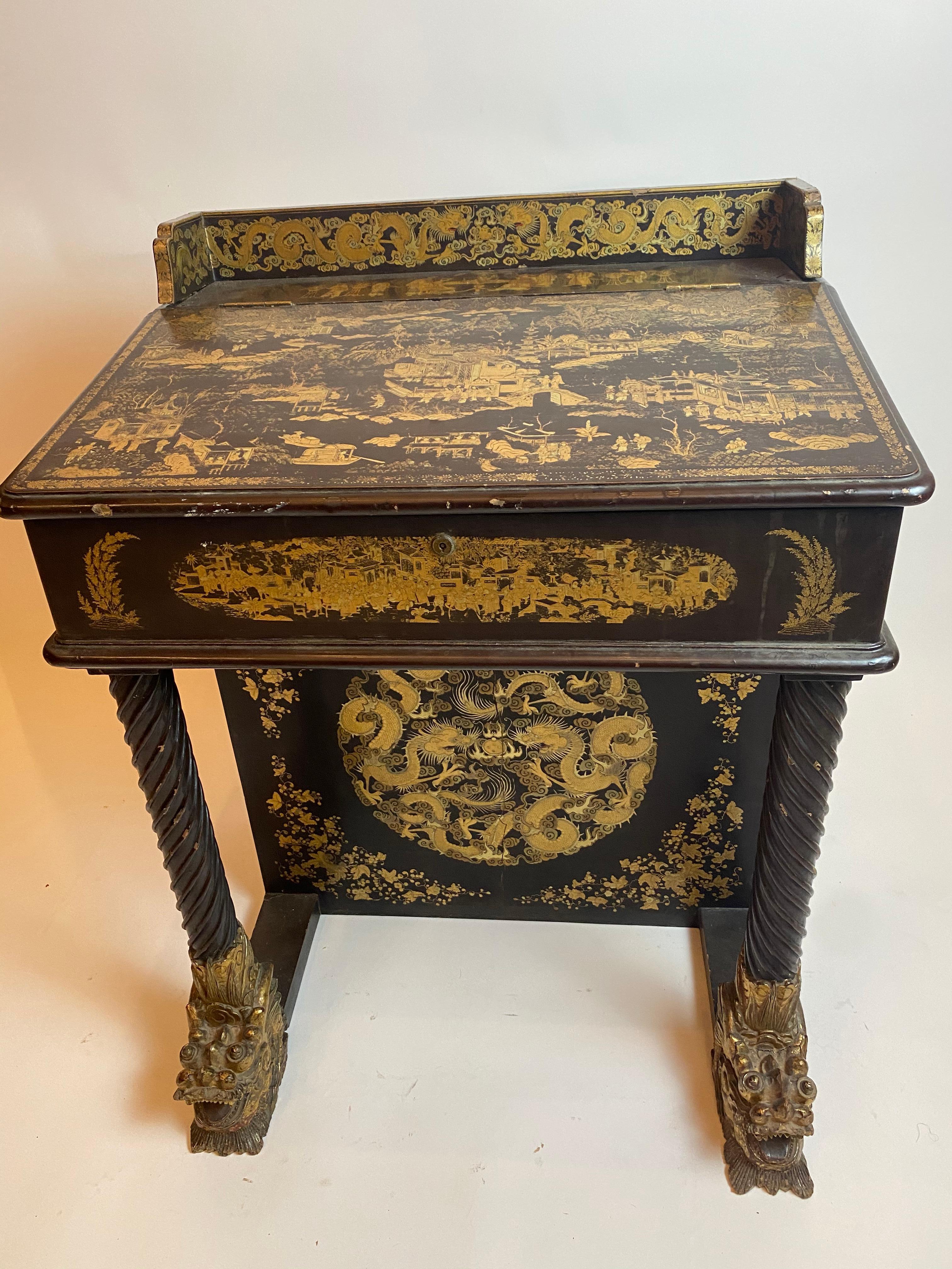 19th Century Chinese Export Lacquer and Gilt Davenport Desk For Sale 14