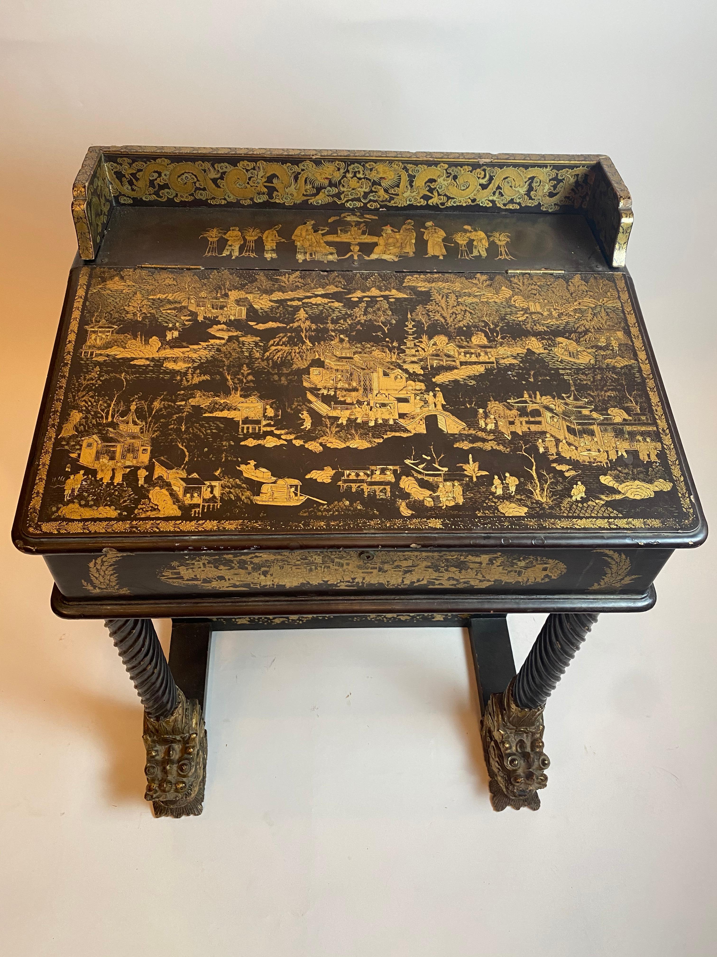 19th Century Chinese Export Lacquer and Gilt Davenport Desk In Good Condition For Sale In Brea, CA