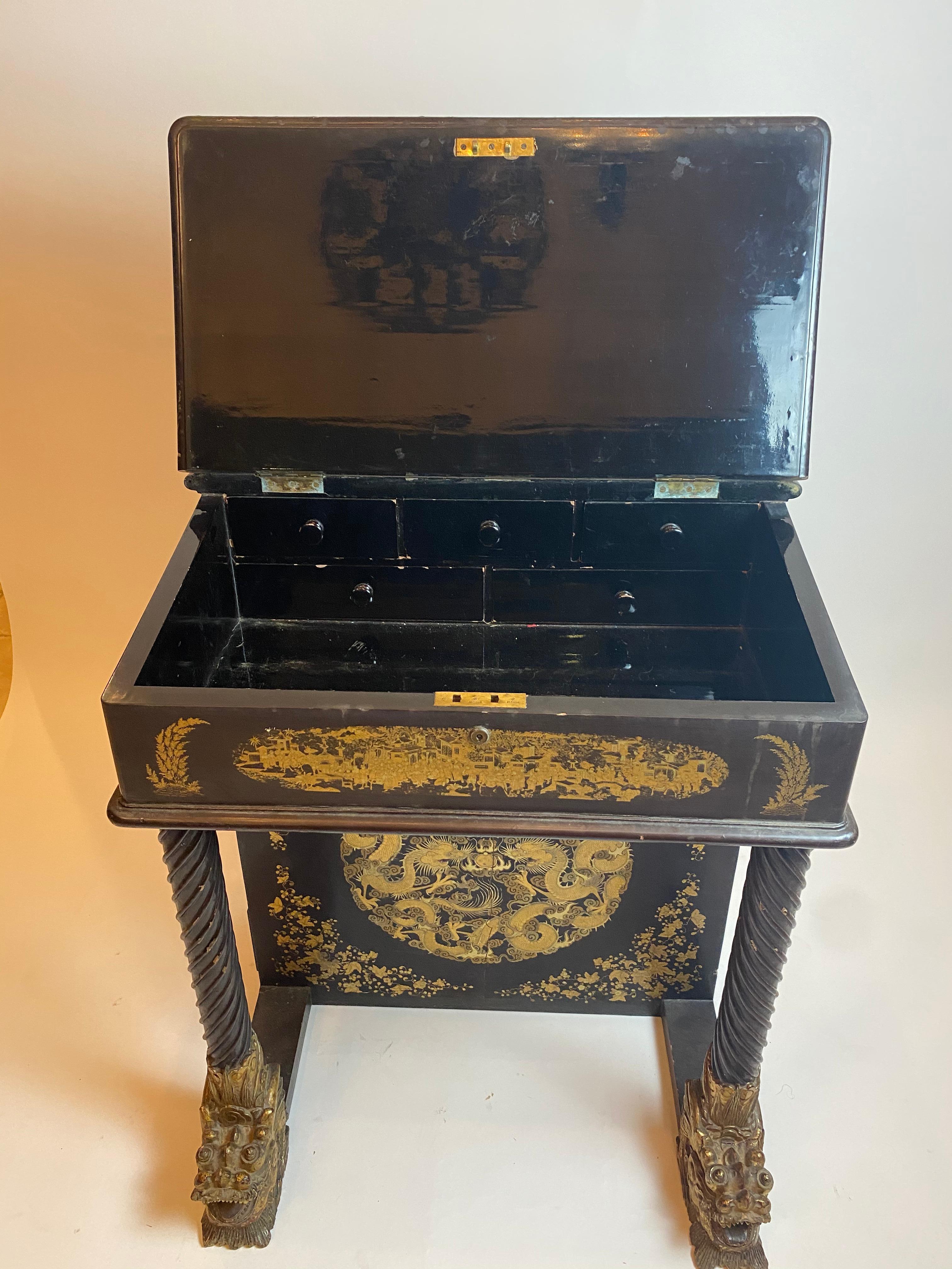 19th Century Chinese Export Lacquer and Gilt Davenport Desk For Sale 1