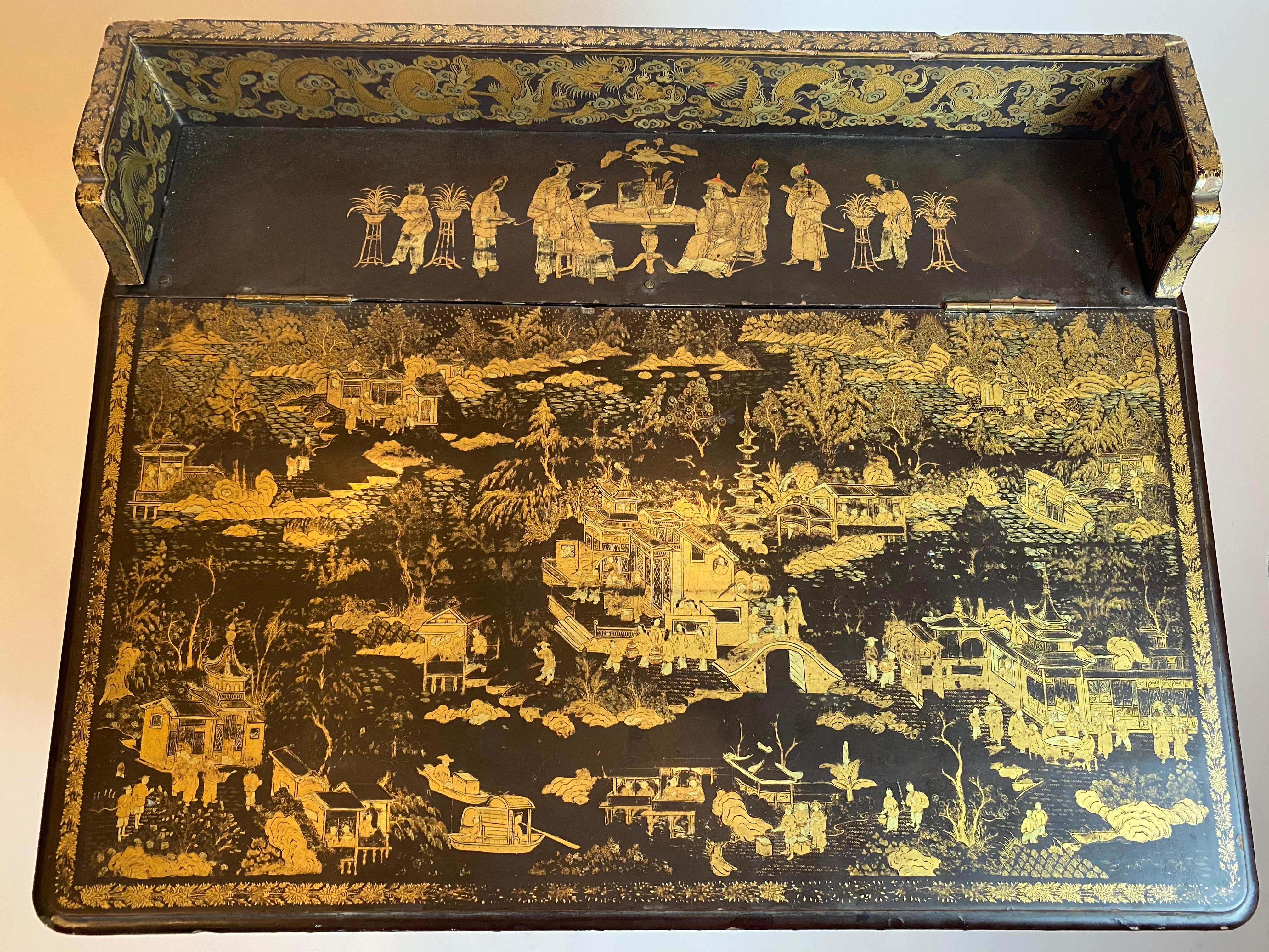 19th Century Chinese Export Lacquer and Gilt Davenport Desk For Sale 2