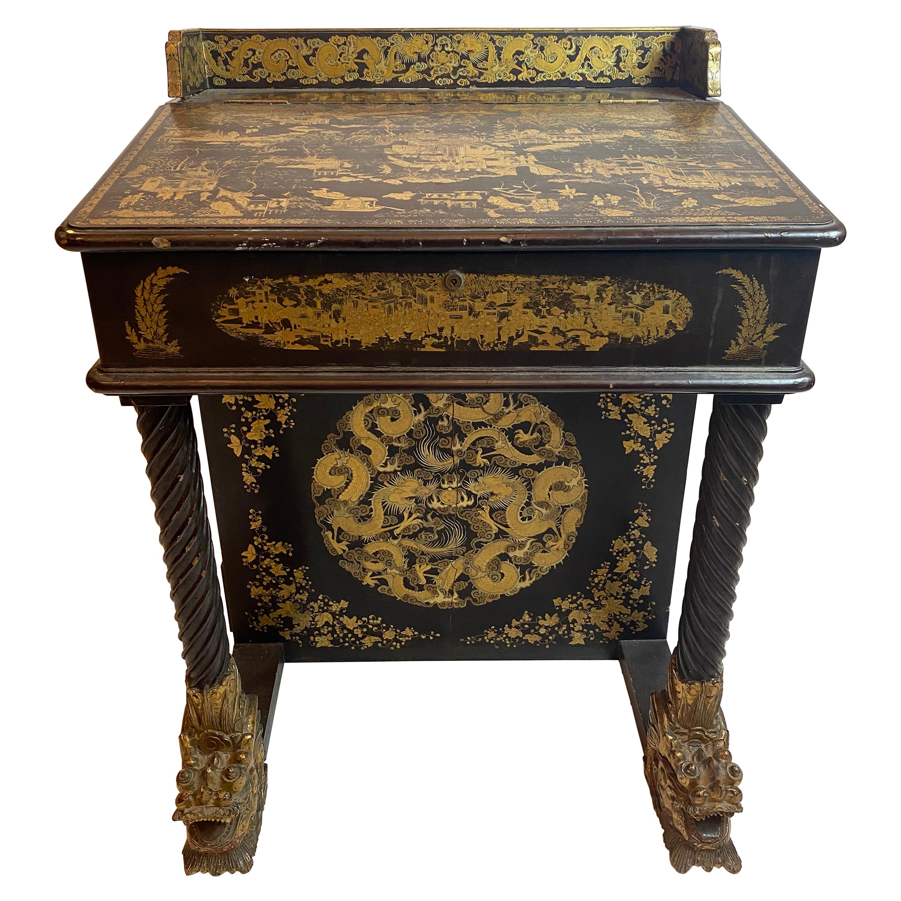 19th Century Chinese Export Lacquer and Gilt Davenport Desk