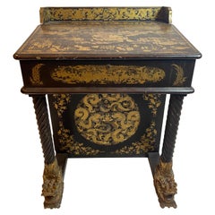 Antique 19th Century Chinese Export Lacquer and Gilt Davenport Desk