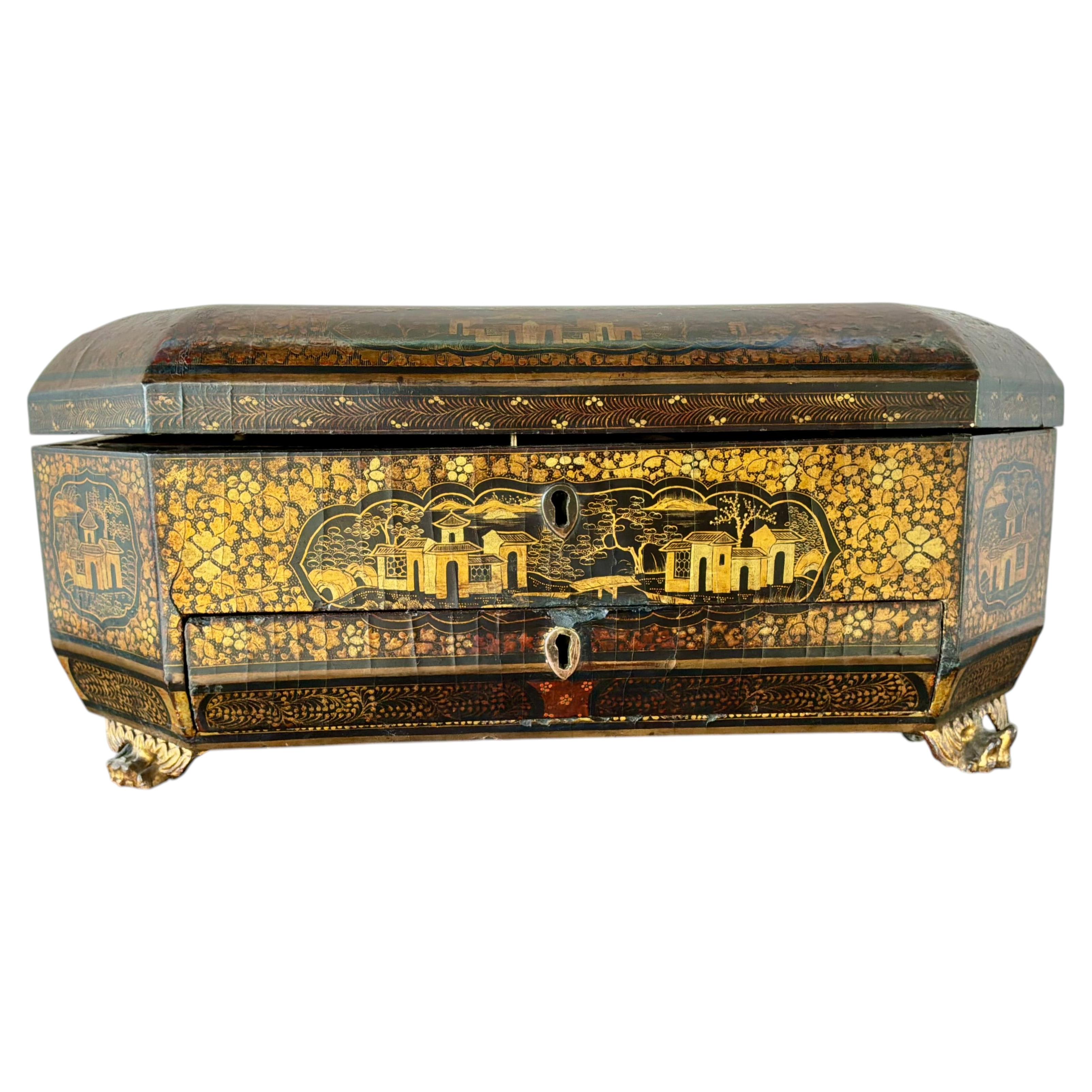 19th Century Chinese Export Lacquer Chinoiserie Sewing Box For Sale