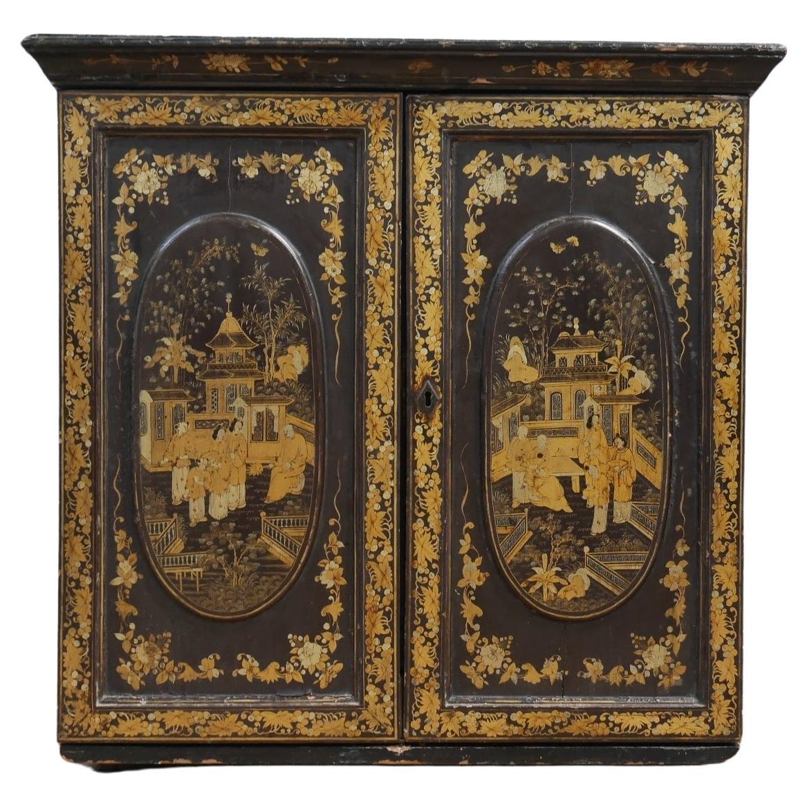 19th Century Chinese Export Lacquered Chinoiserie Cabinet For Sale