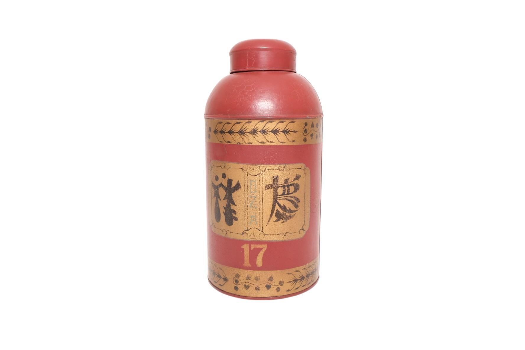 Metal 19th Century Chinese Export Lacquered Tea Canister in Red and Gilt, “No.17” For Sale