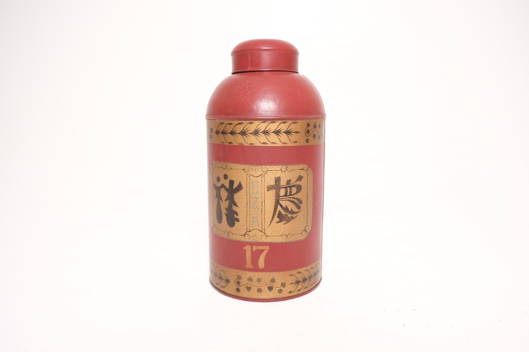 19th Century Chinese Export Lacquered Tea Canister in Red and Gilt, “No.17” For Sale