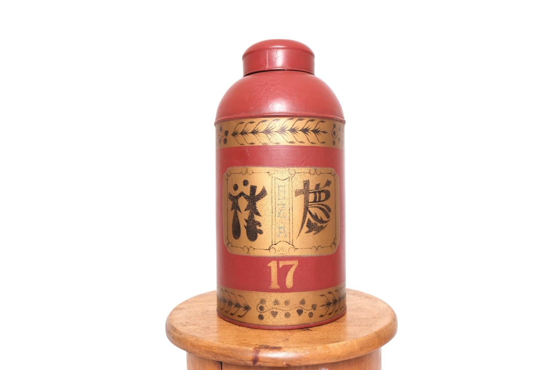 19th Century Chinese Export Lacquered Tea Canister in Red and Gilt, “No.17”