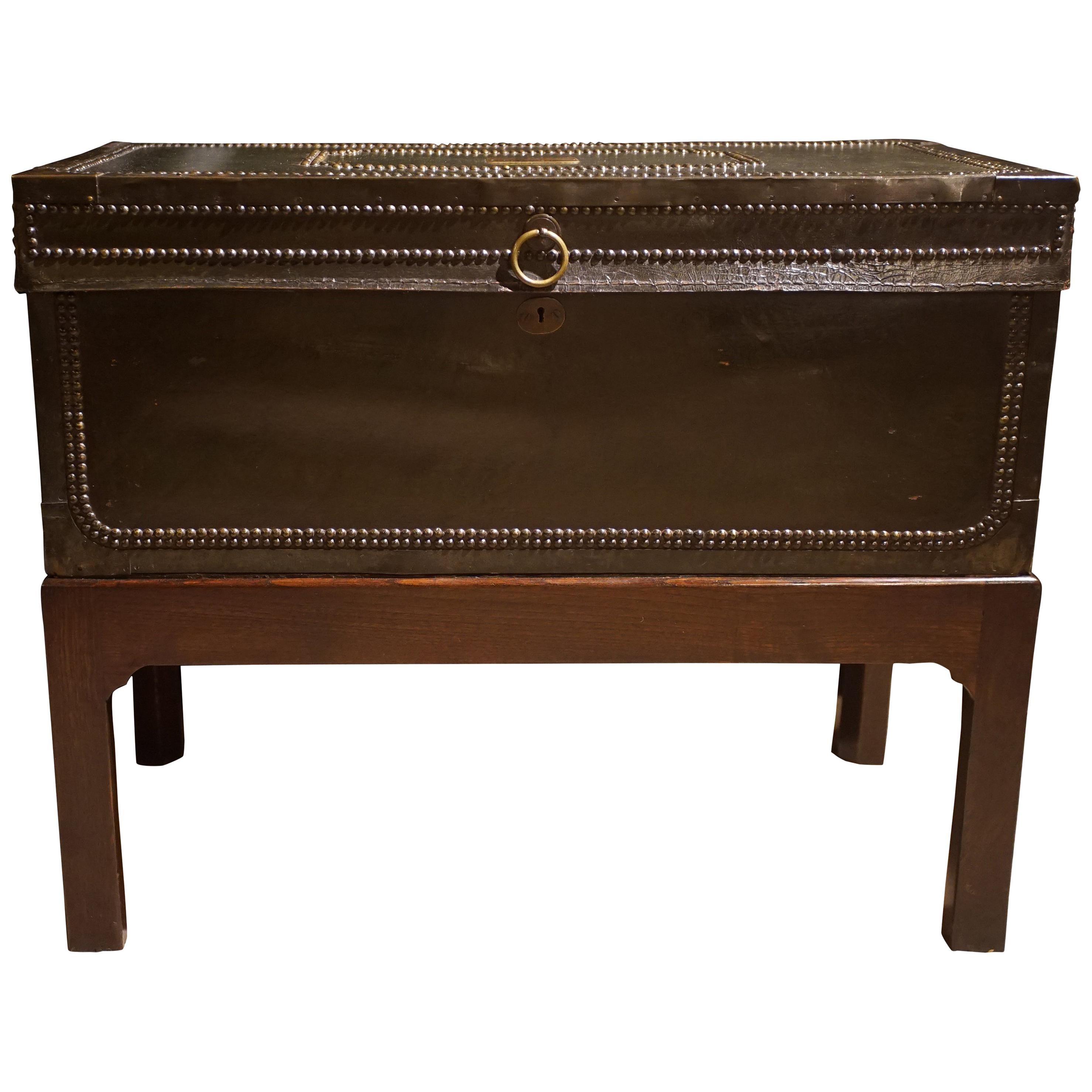 19th Century Chinese Export Leather and Brass Coffer For Sale