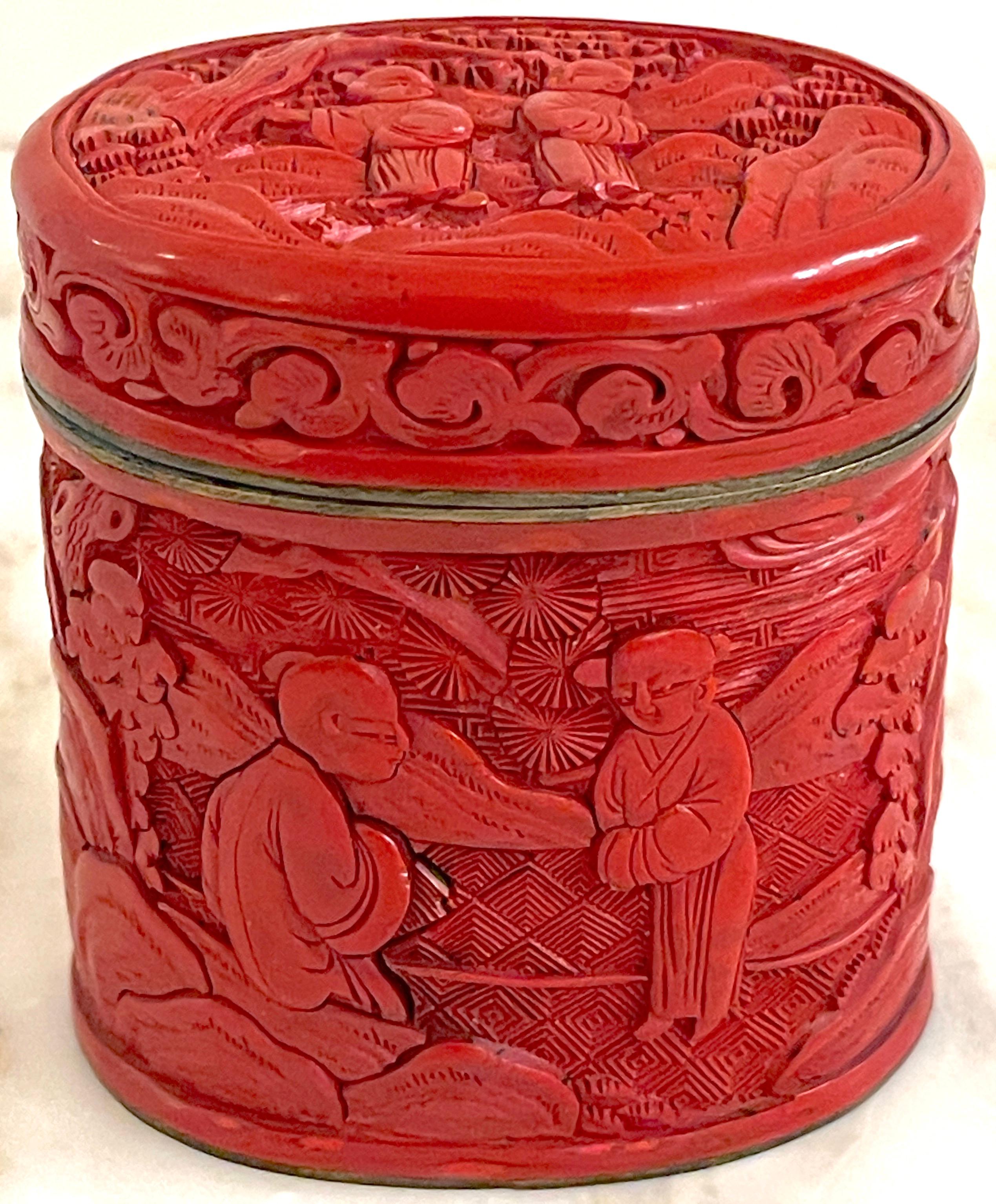 Carved 19th Century  Chinese Export Oval Cinnabar Box For Sale