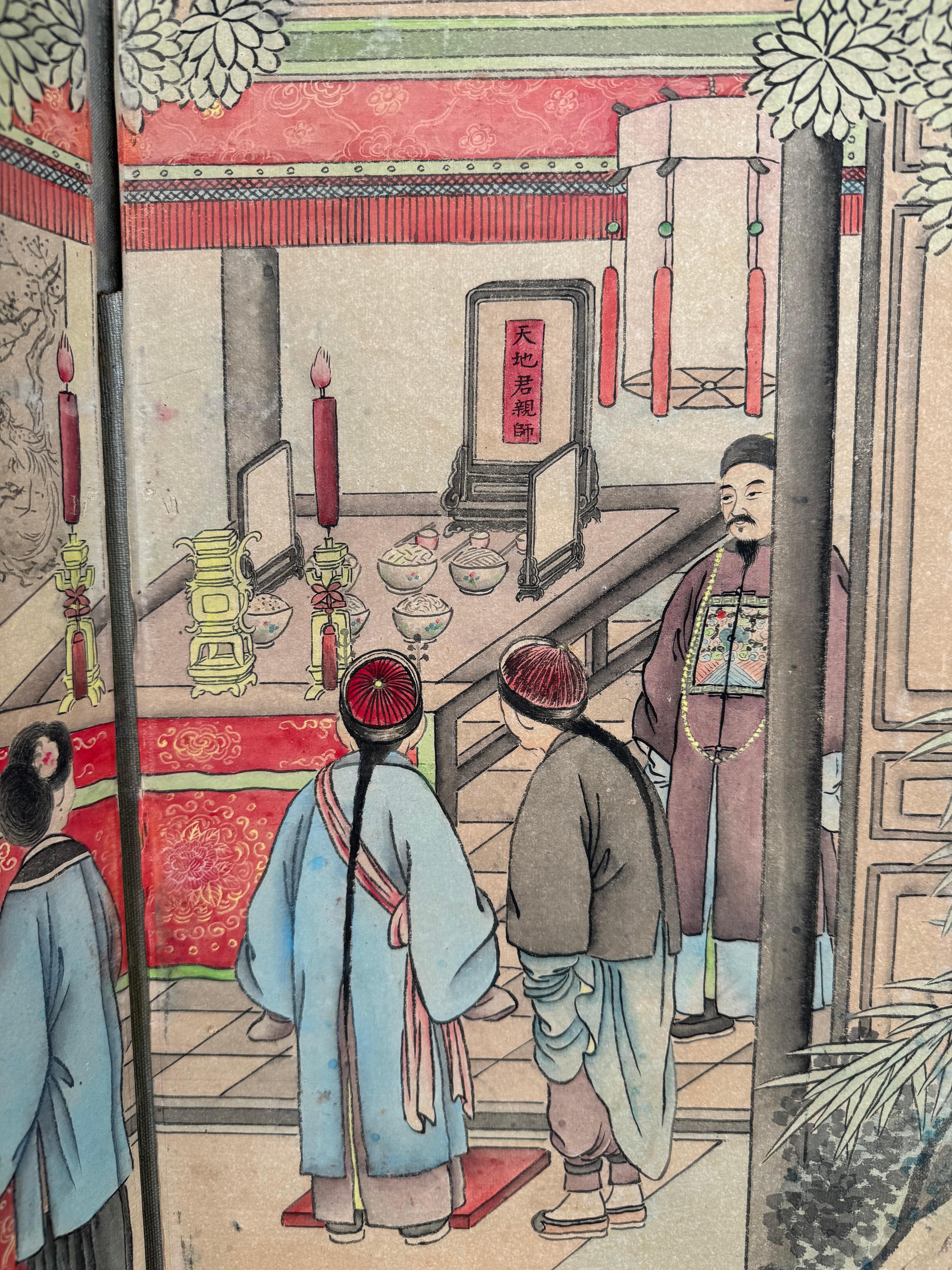 Very large 19th Century Chinese Export 16 panel wallpaper panel from the Qing Dynasty. In ancient times, screen paintings were similar to photography of today, capturing a moment in time and giving onlookers a comprehensive view of people's lives