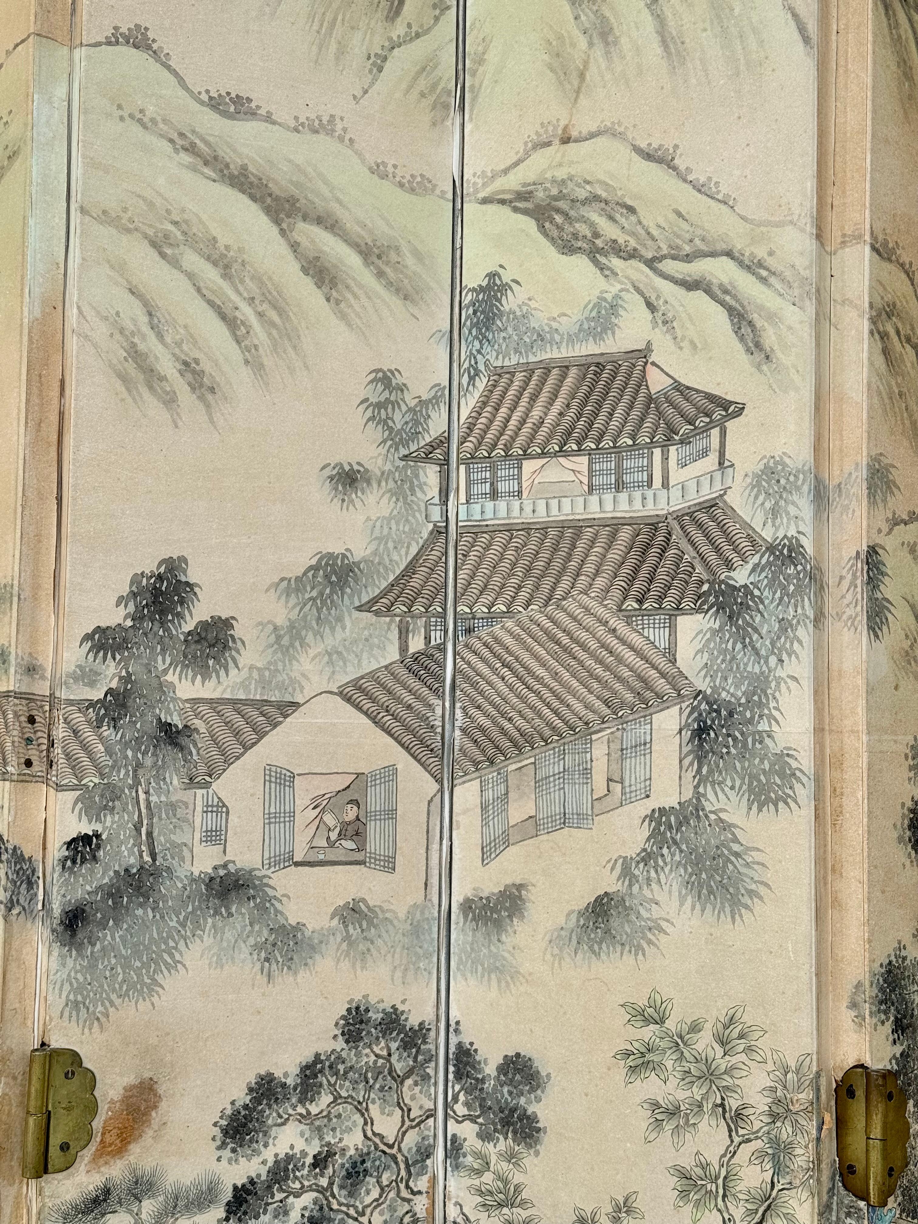 19th Century Chinese Export Painted Wallpaper Sixteen Panel  Floor Screen 2