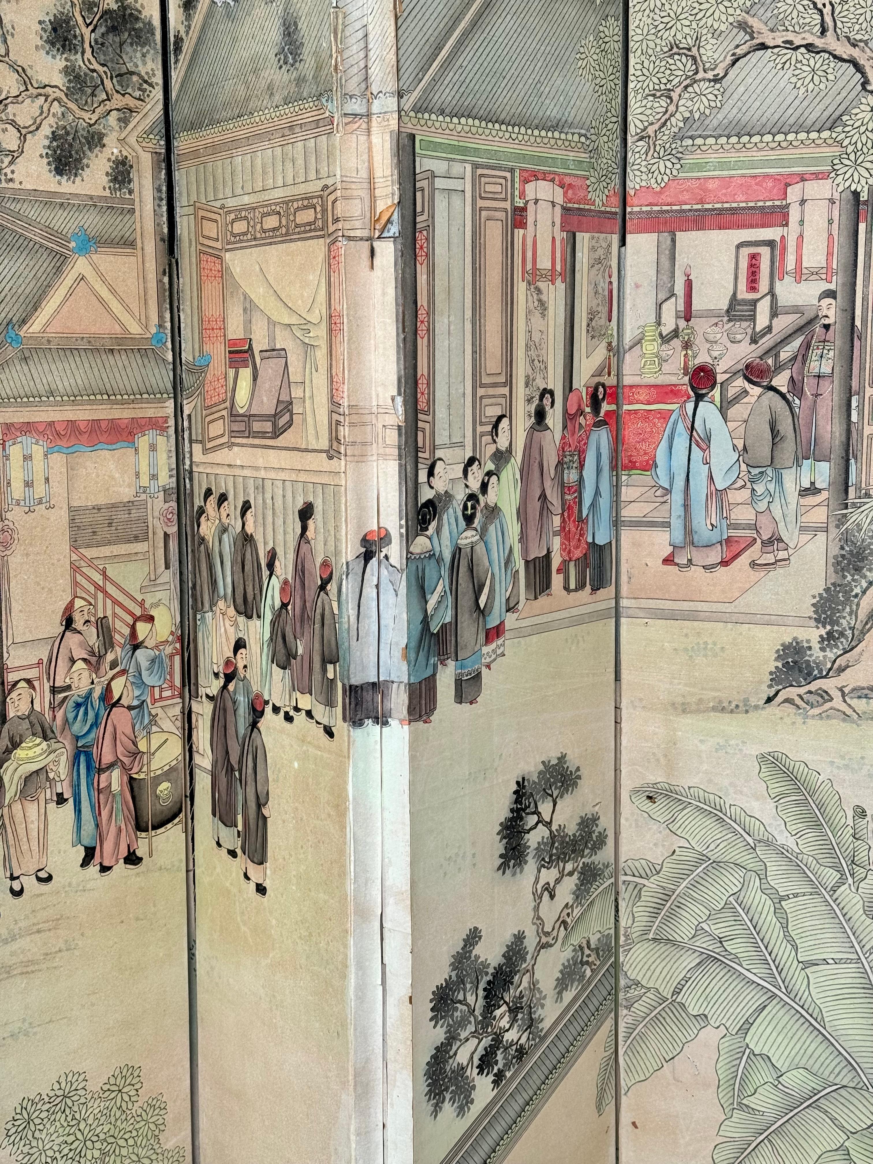 19th Century Chinese Export Painted Wallpaper Sixteen Panel  Floor Screen 3