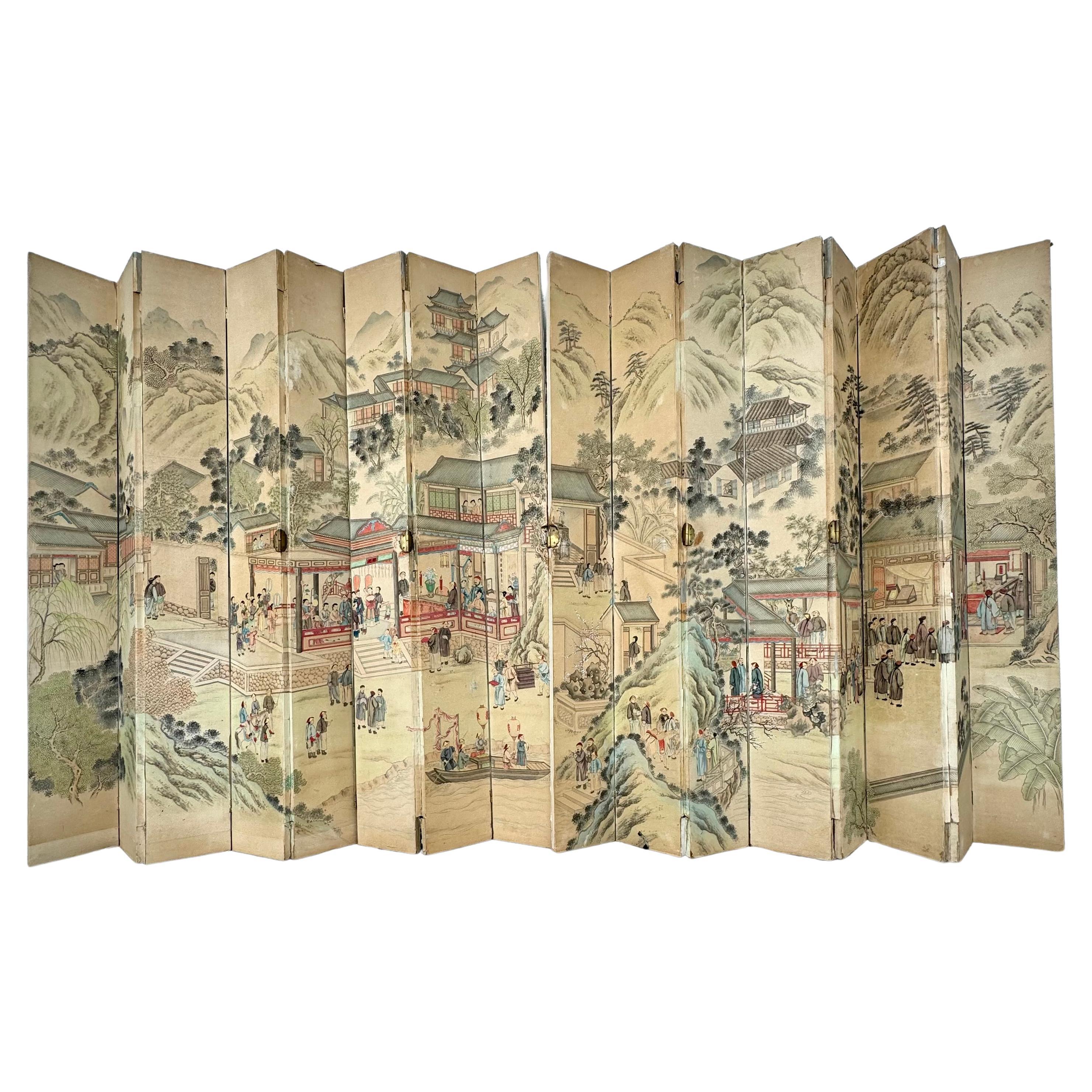 19th Century Chinese Export Painted Wallpaper Sixteen Panel  Floor Screen 5