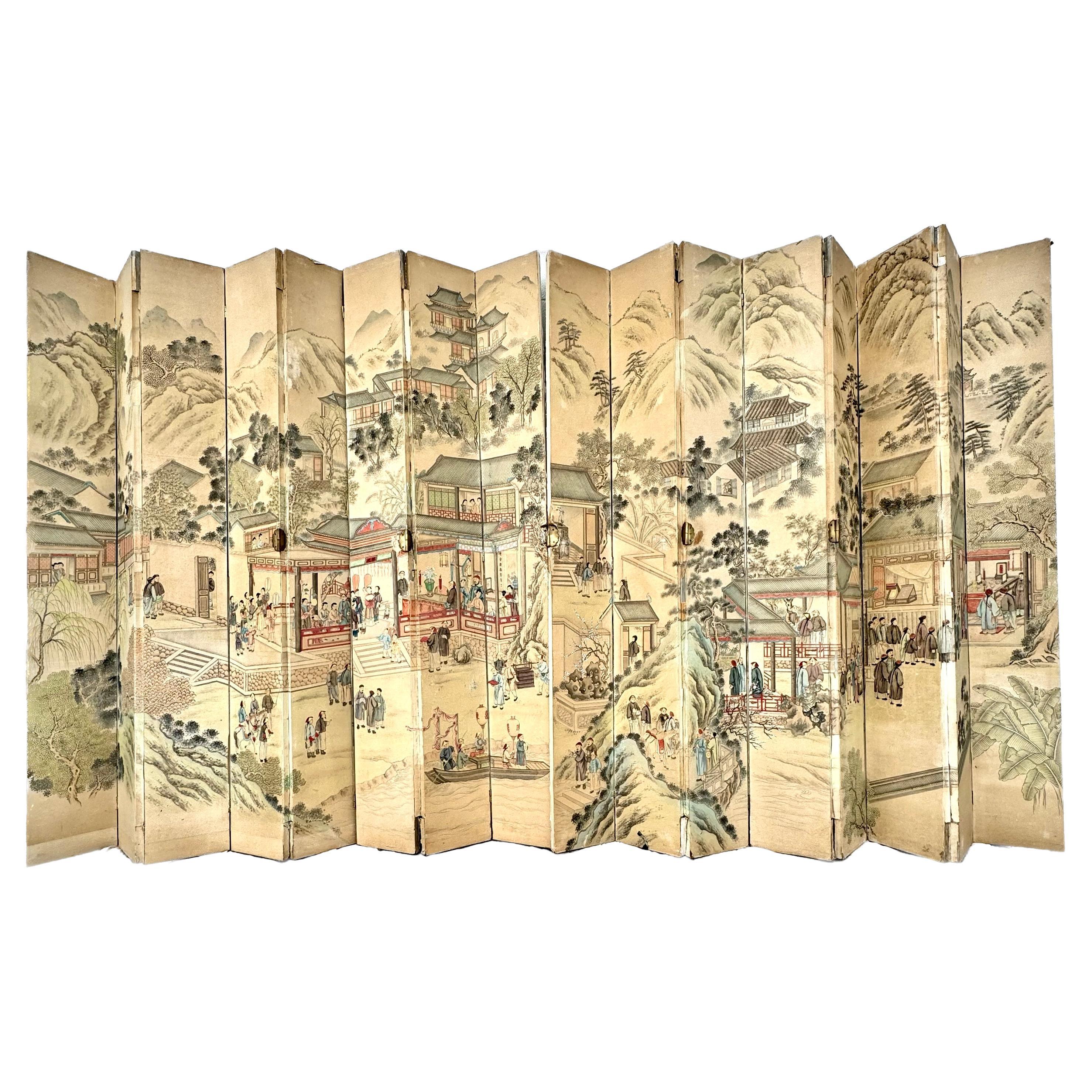 19th Century Chinese Export Painted Wallpaper Sixteen Panel  Floor Screen