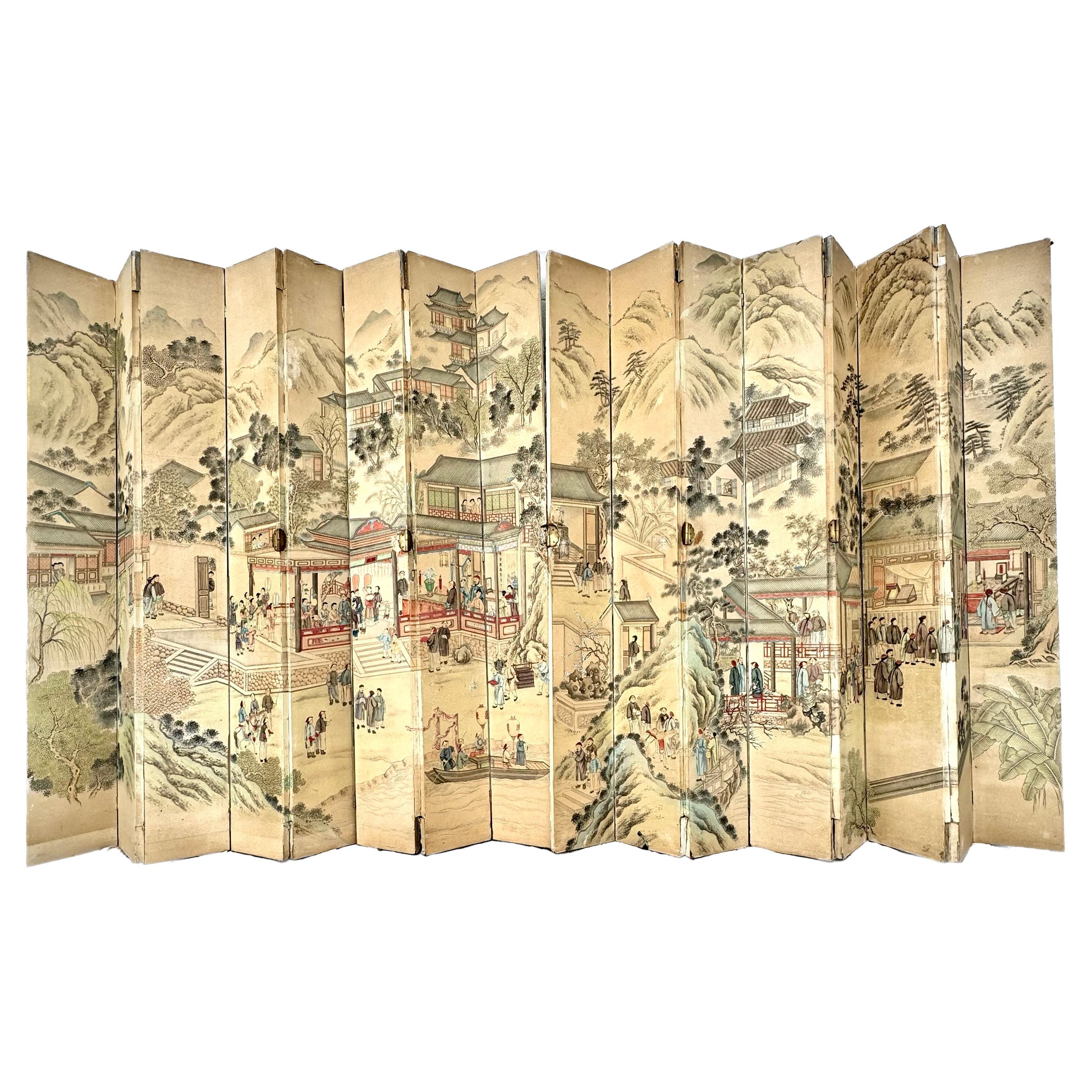 19th Century Chinese Export Painted Wallpaper Sixteen Panel  Floor Screen