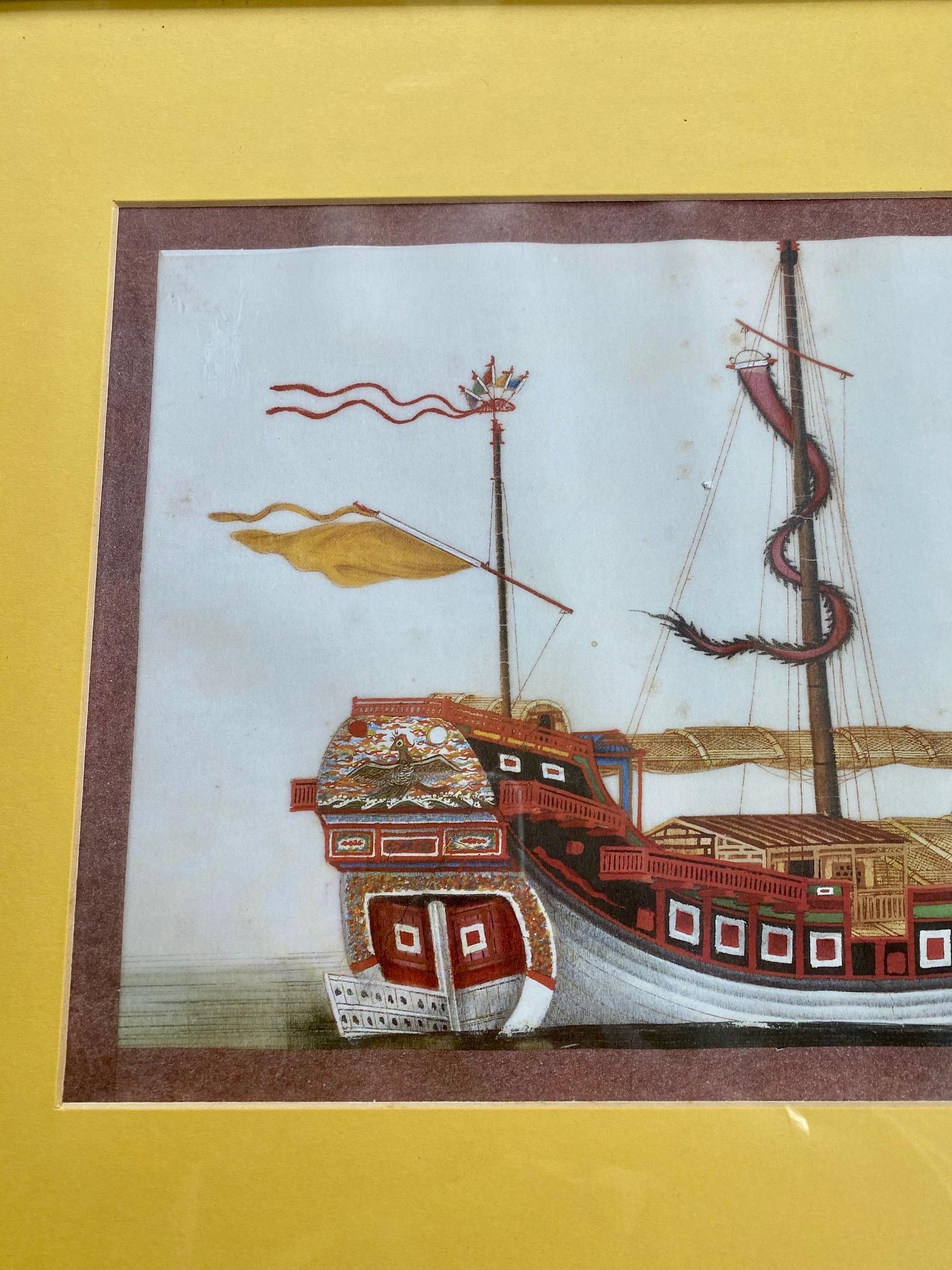 Early 19th century Chinese Export Pith Painting of a Junk, likely circa 1830s, having a very finely painted oil on pith paper view of an exquisite Junk with dramatic shear, elaborately carved gunnel and transom, decorative paintwork, furled sails,