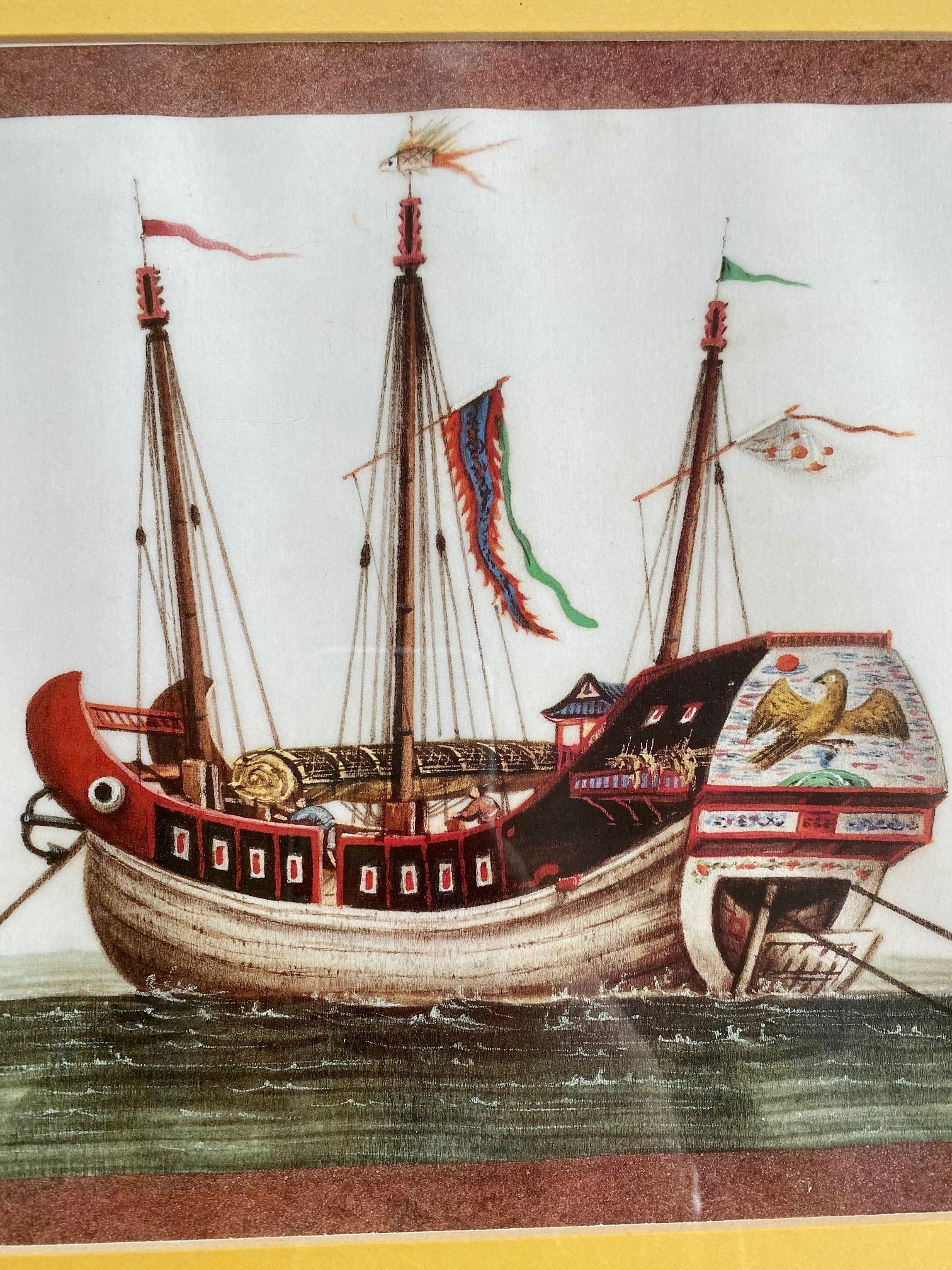 Early 19th century Chinese export pith painting of a junk, likely circa 1830s, having a very finely painted oil on pith paper view of an exquisite Junk with dramatic shear, elaborately carved gunnel and transom, decorative paintwork, furled sails,