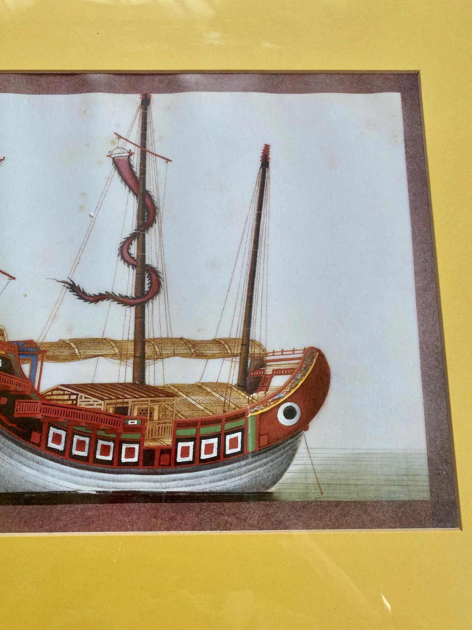 Hand-Painted 19th Century Chinese Export Pith Painting of a Junk