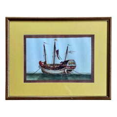 19th Century Chinese Export Pith Painting of a Junk