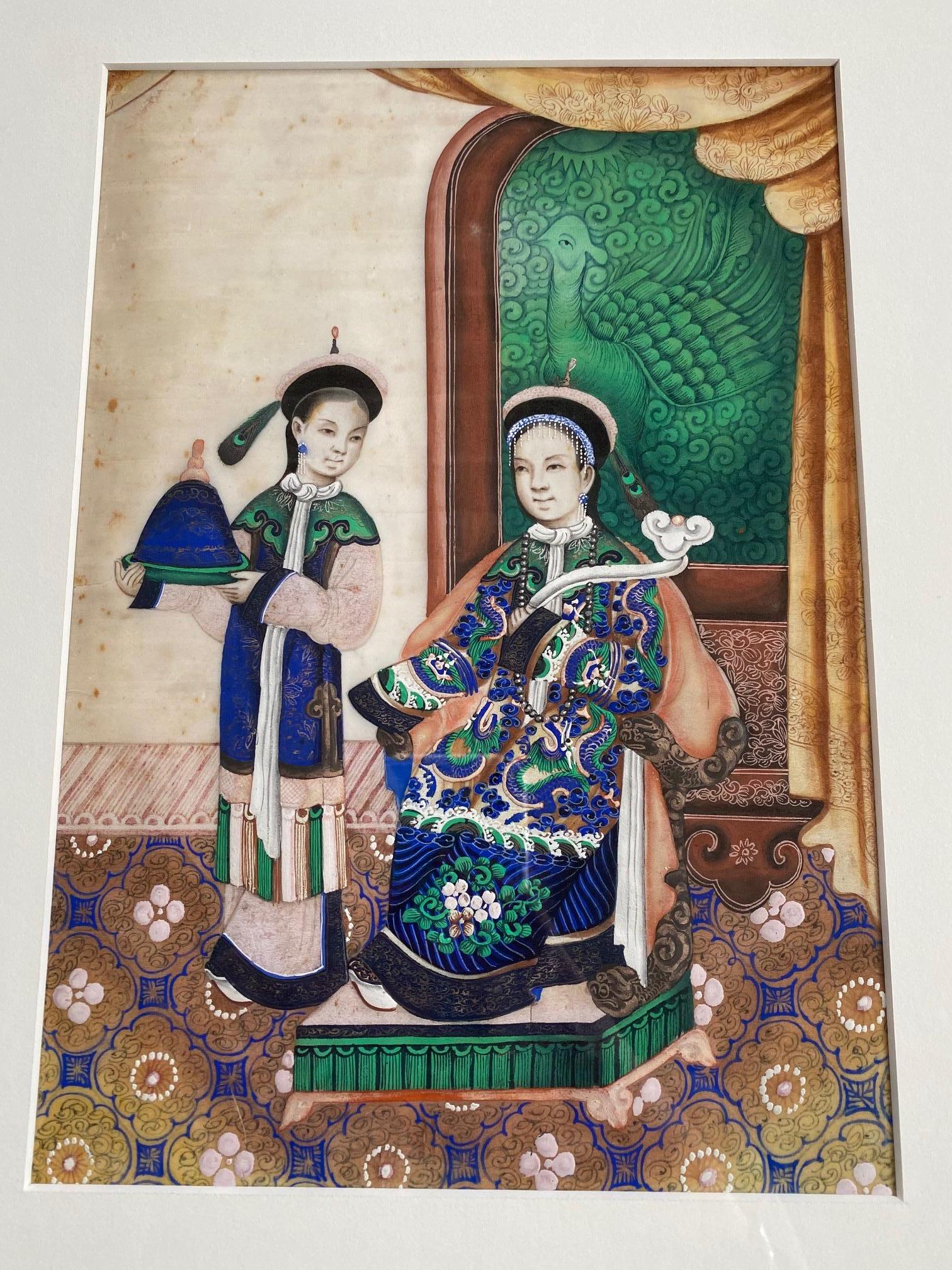 Early 19th century Chinese export pith painting of figures in an Interior, likely circa 1830s, having a very finely painted oil on pith paper view of an exquisitely robed Lady holding a Pipa (Chinese Lute) and her attendant holding what is probably