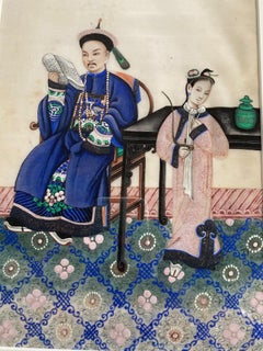 19th Century Chinese Export Pith Painting of Figures in an Interior