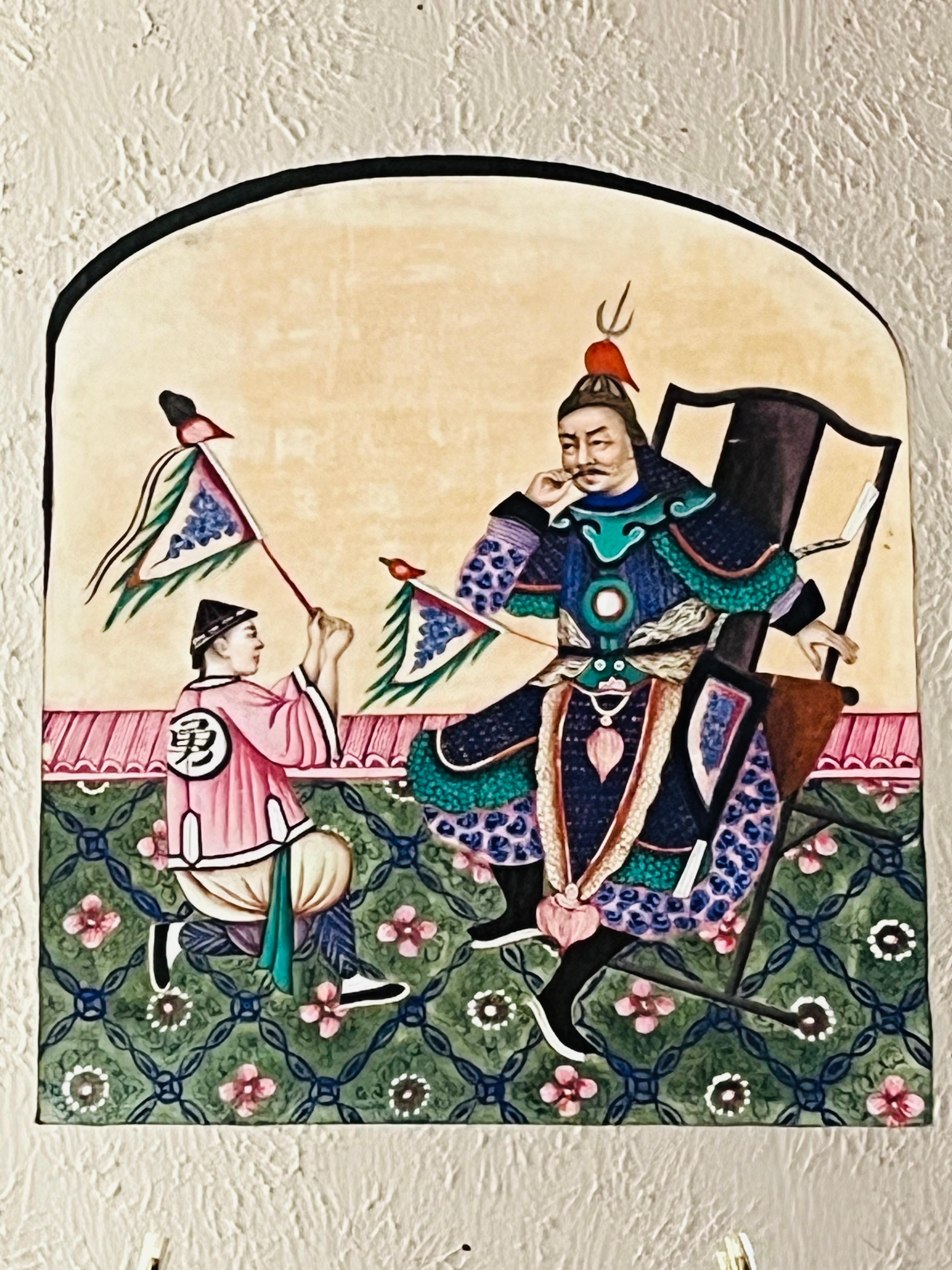 19th Century Chinese Export Pith Rice Paper Painting Warrior In Hanging Mirror For Sale 6