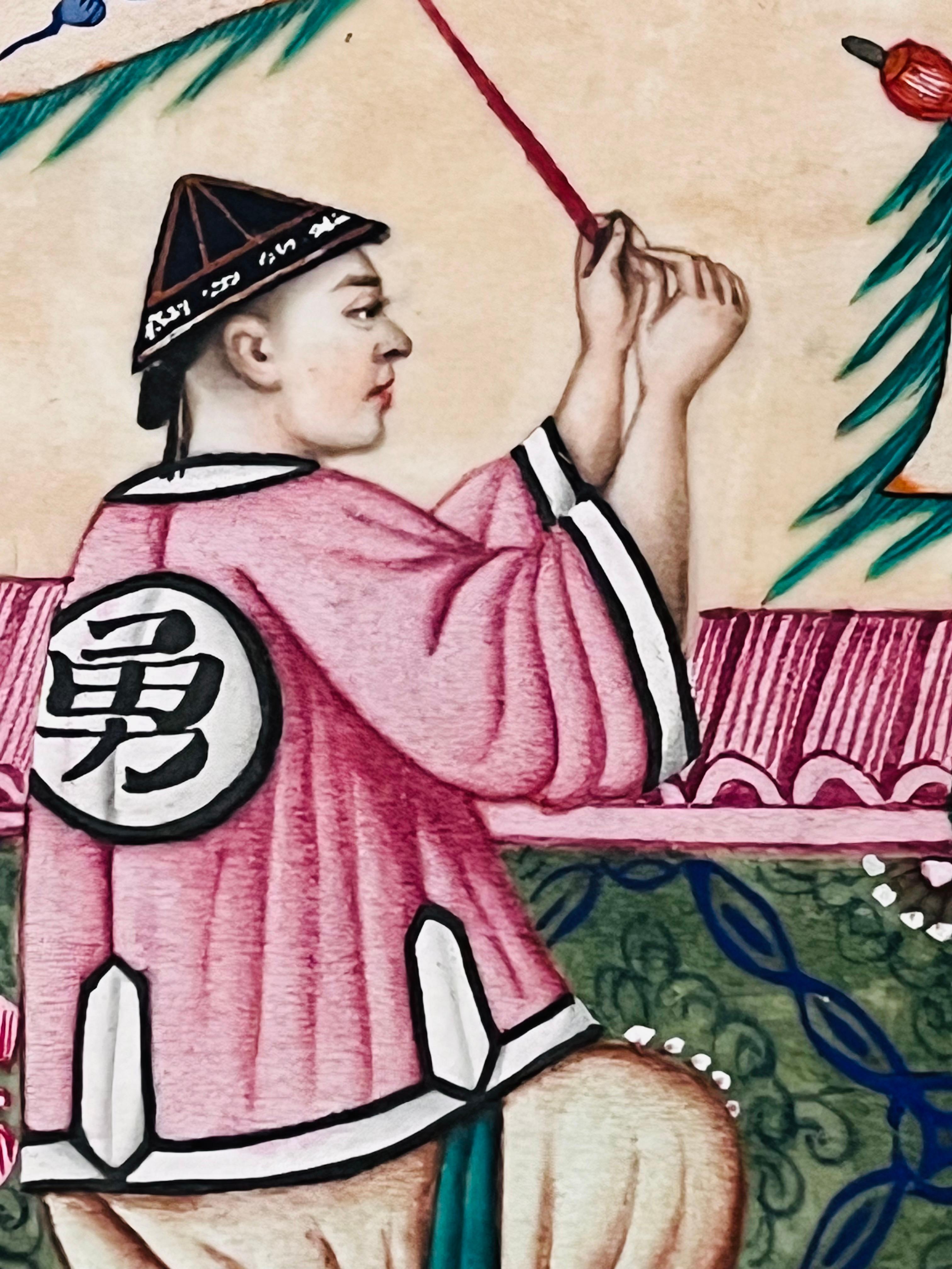 Peinture sur papier de riz d'exportation chinoise du 19e siècle représentant un guerrier dans un miroir suspendu en vente 4