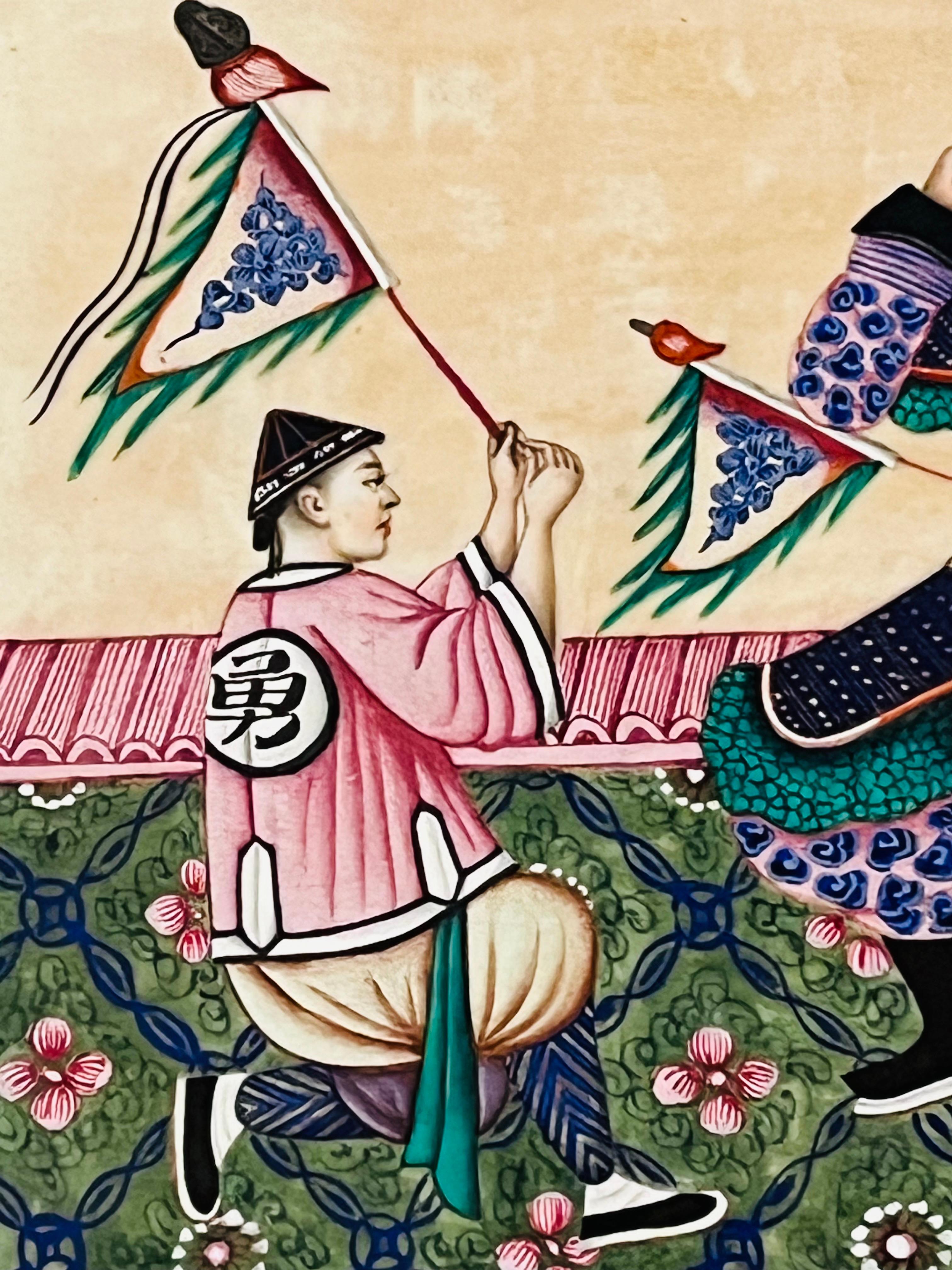 19th Century Chinese Export Pith Rice Paper Painting Warrior In Hanging Mirror For Sale 8