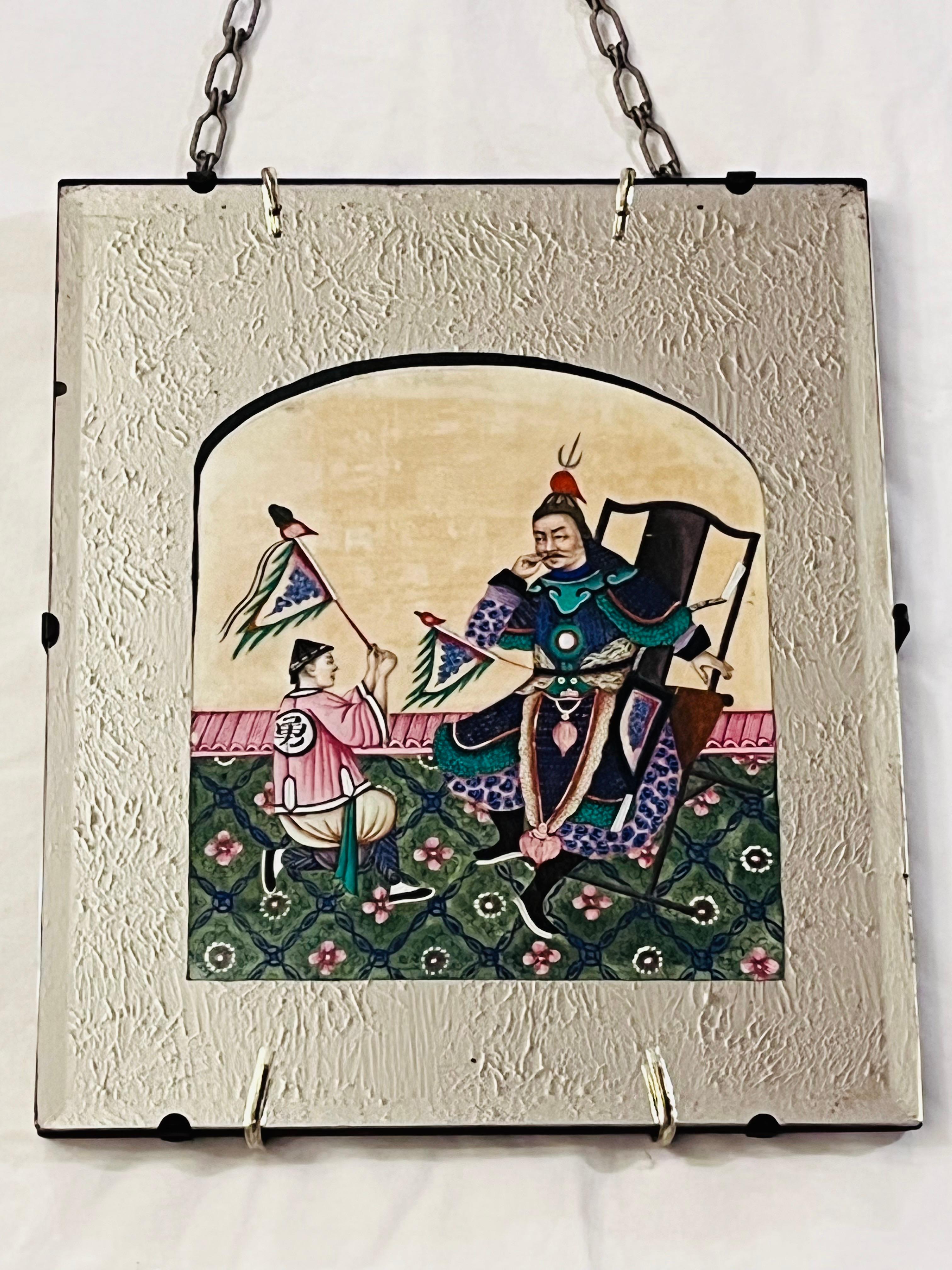 Exportation chinoise Peinture sur papier de riz d'exportation chinoise du 19e siècle représentant un guerrier dans un miroir suspendu en vente