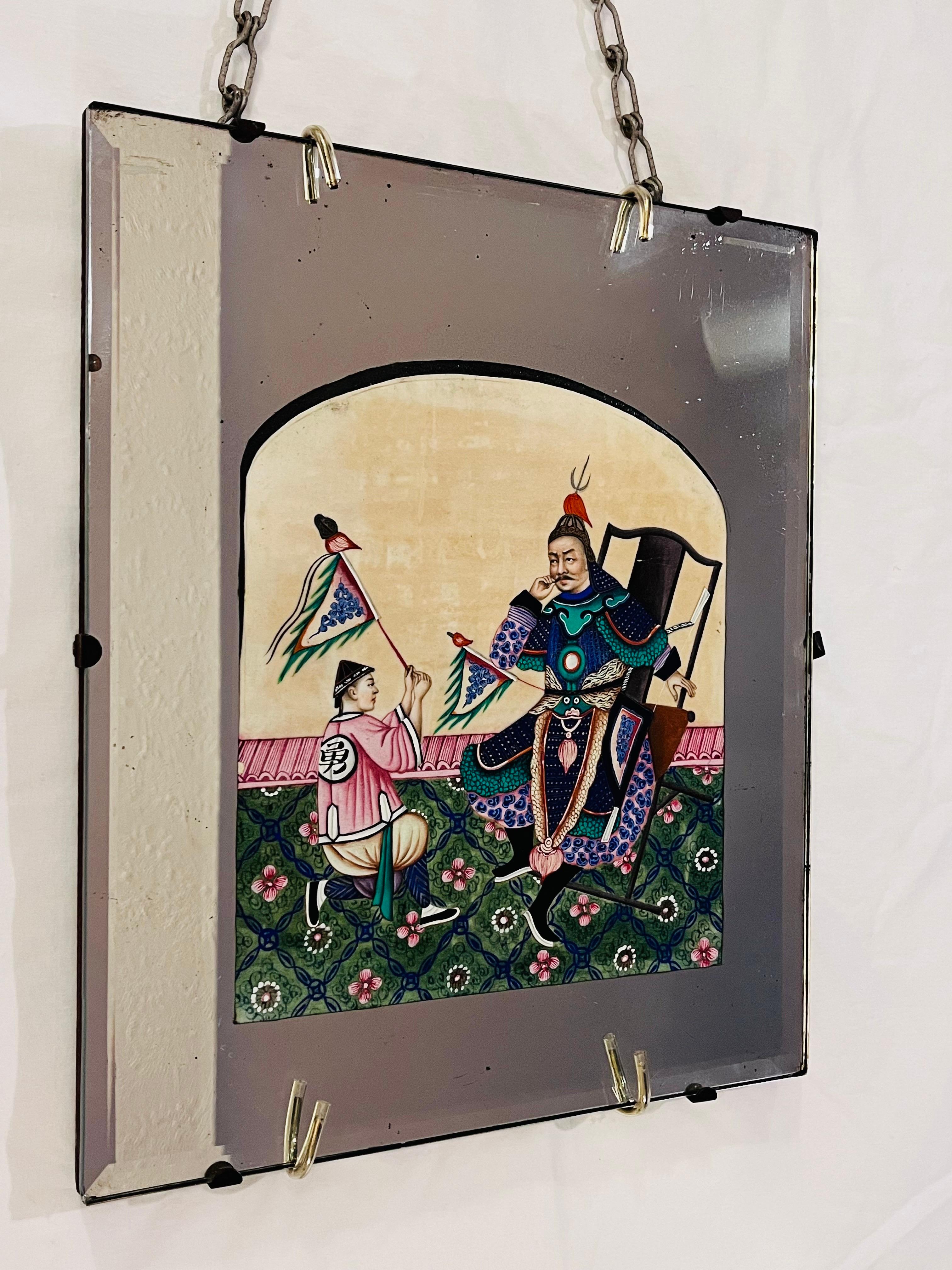 Metal 19th Century Chinese Export Pith Rice Paper Painting Warrior In Hanging Mirror For Sale