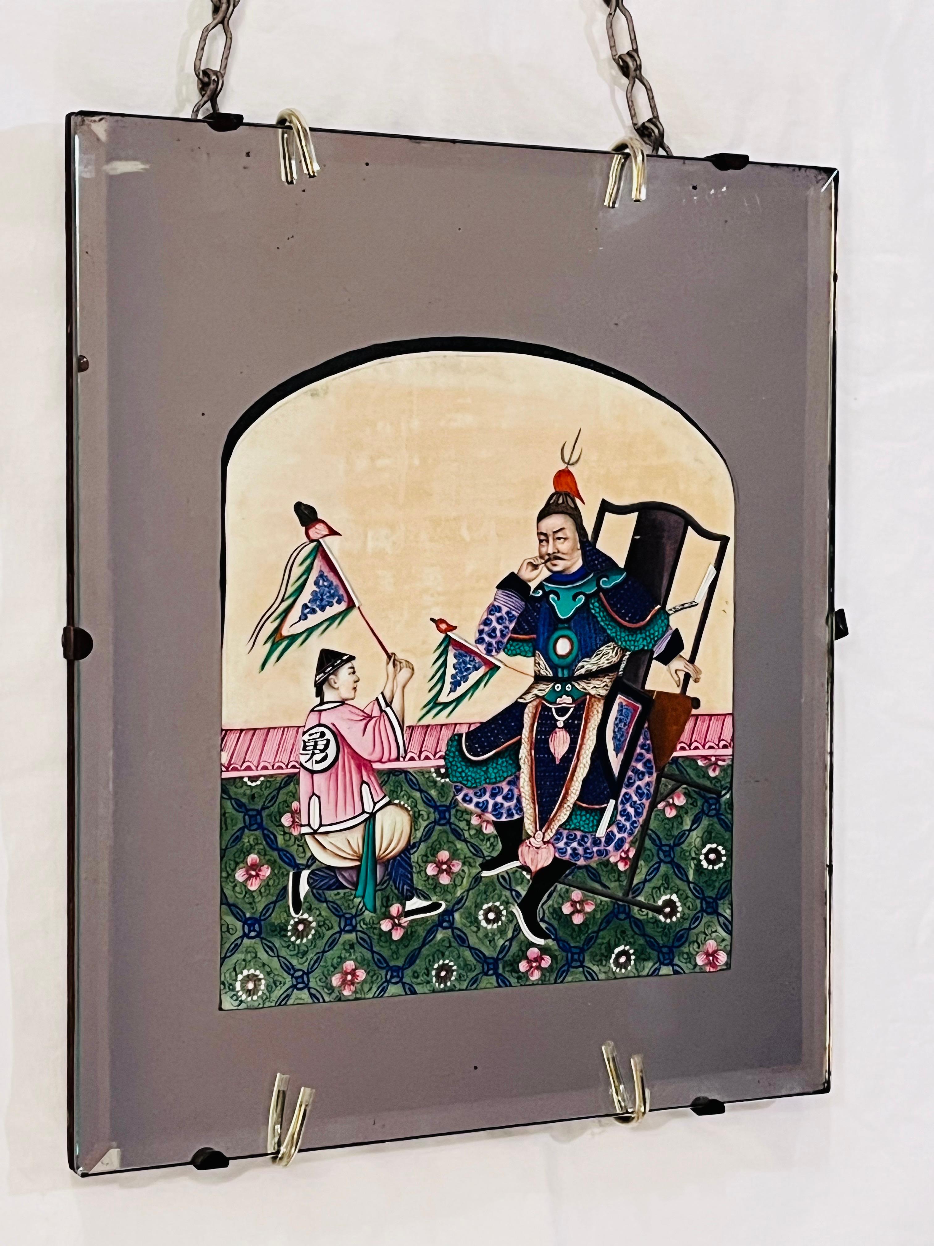 19th Century Chinese Export Pith Rice Paper Painting Warrior In Hanging Mirror For Sale 1