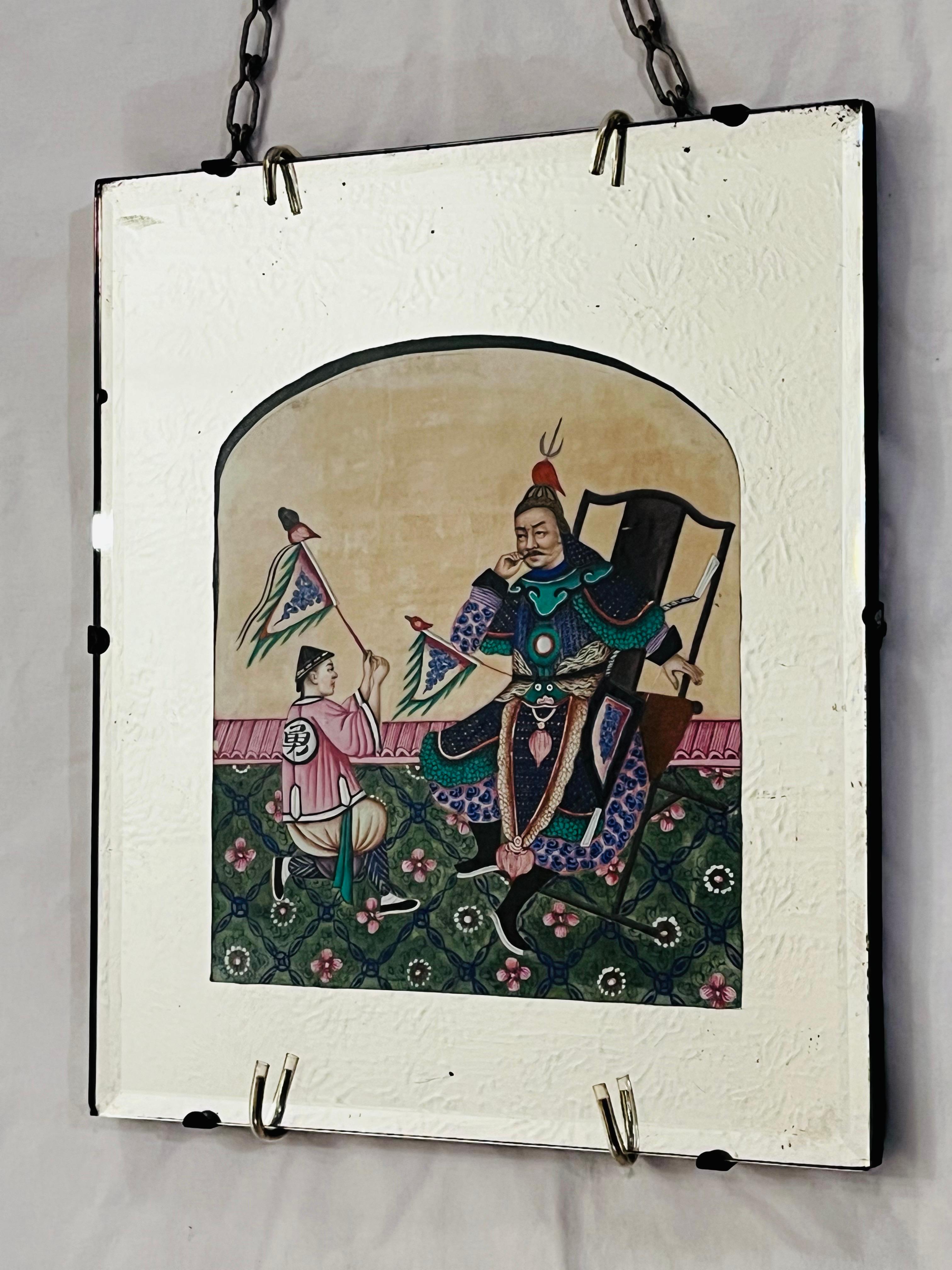 19th Century Chinese Export Pith Rice Paper Painting Warrior In Hanging Mirror For Sale 2