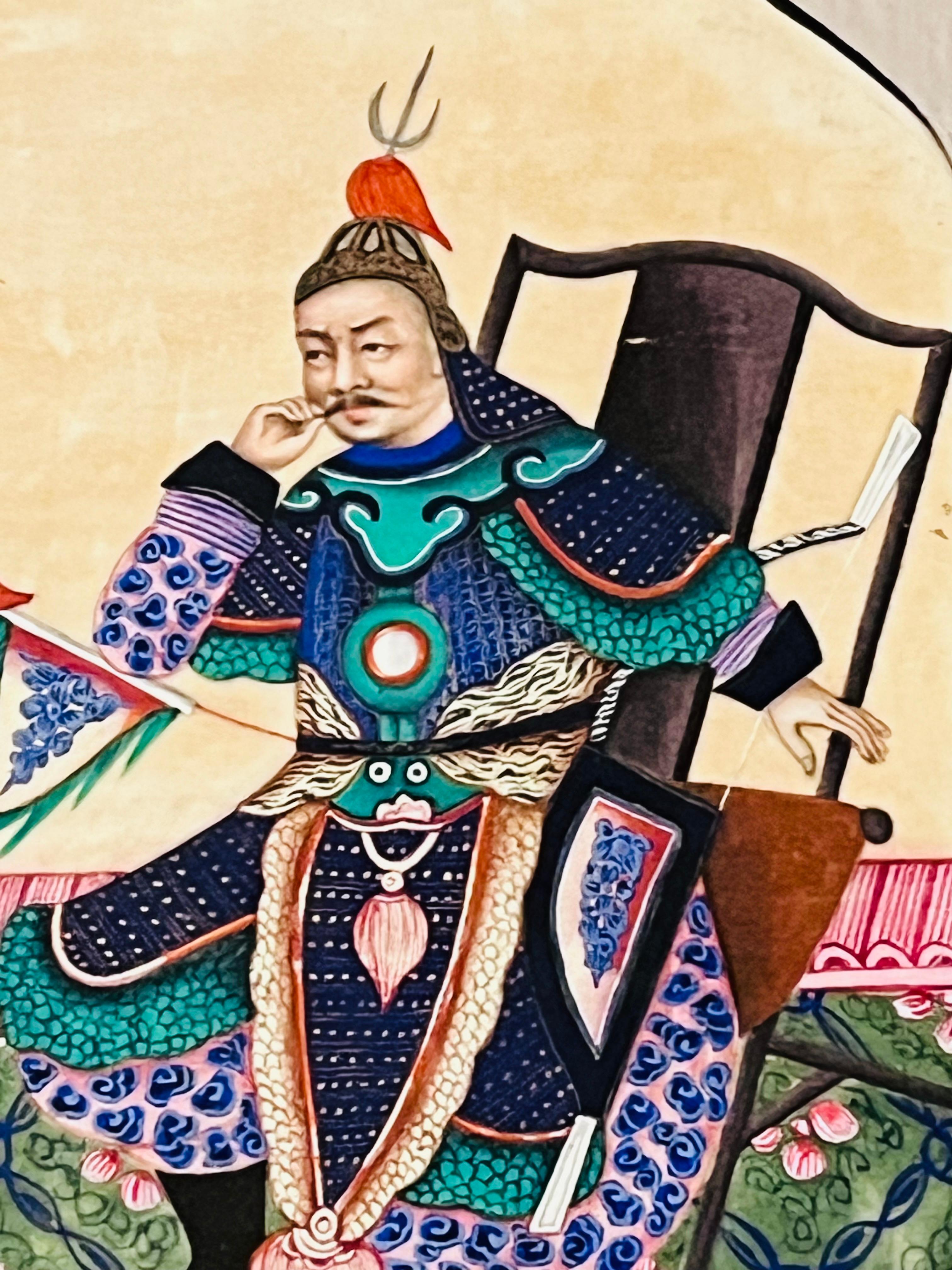 Métal Peinture sur papier de riz d'exportation chinoise du 19e siècle représentant un guerrier dans un miroir suspendu en vente